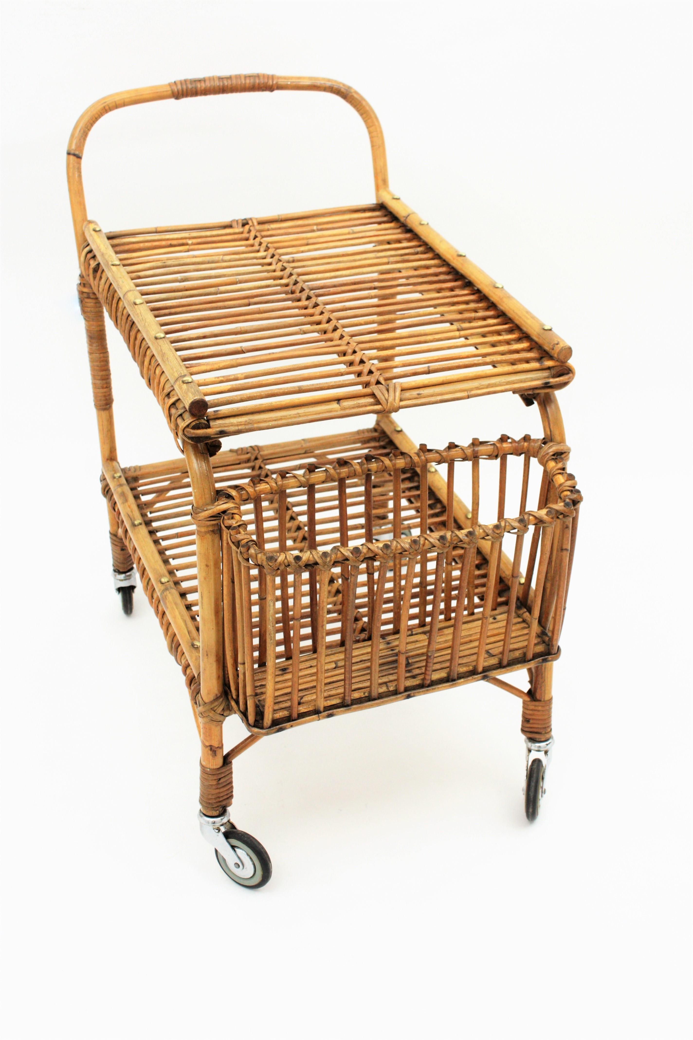 Rattan and Bamboo Bar Cart or Cocktail Trolley, Italy, 1950s 2