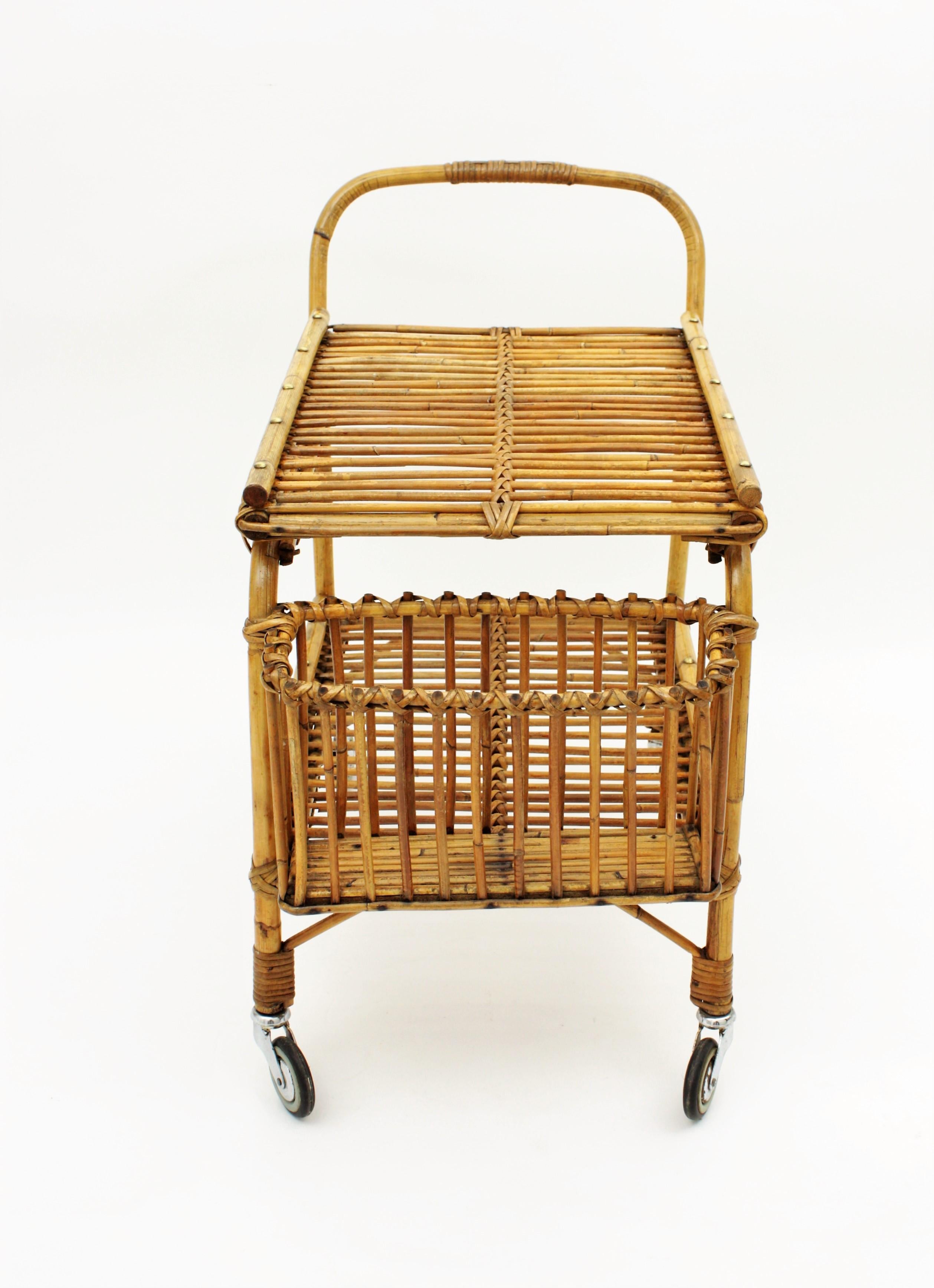 Rattan and Bamboo Bar Cart or Cocktail Trolley, Italy, 1950s 3