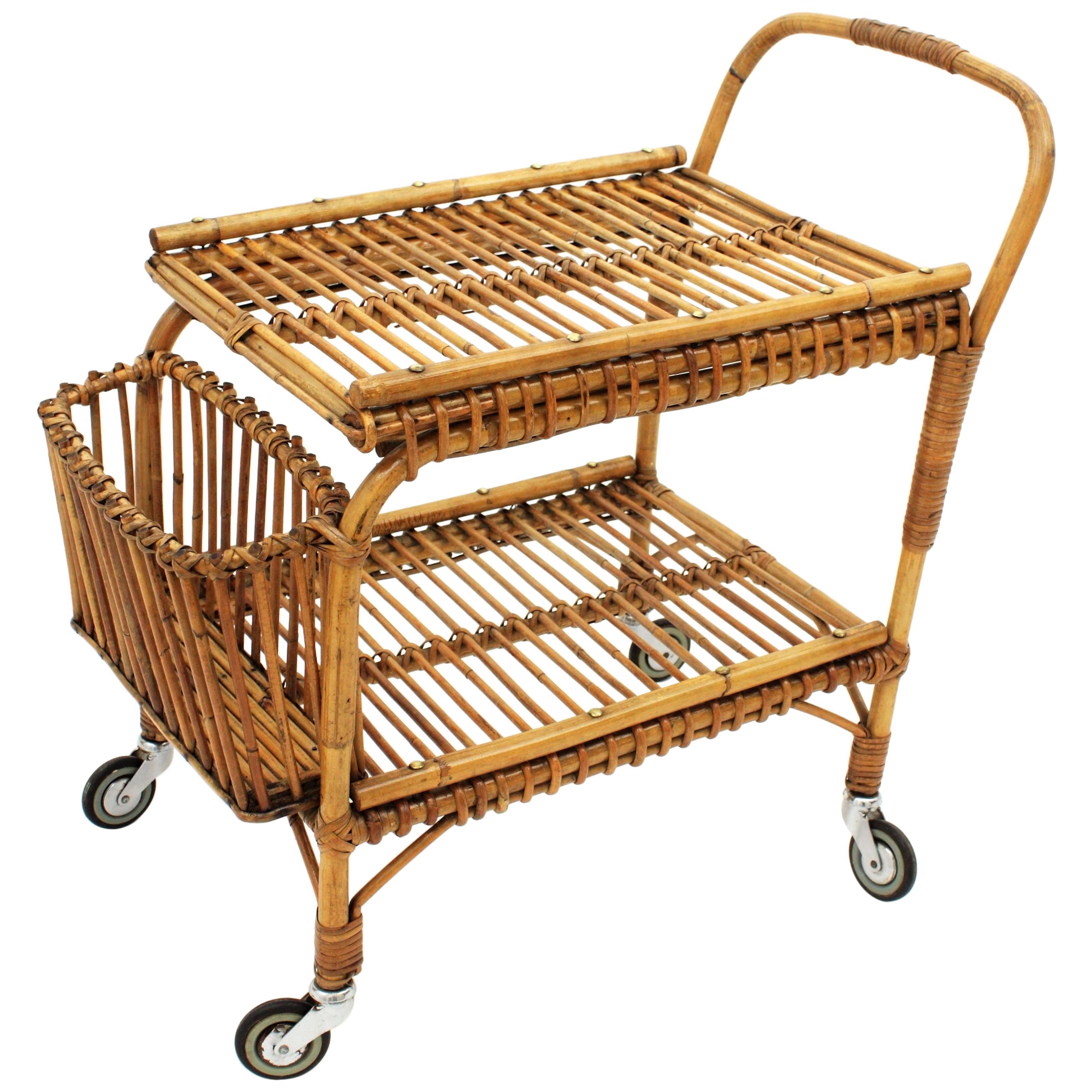 Mid-Century Modern Rattan and Bamboo Bar Cart or Cocktail Trolley, Italy, 1950s