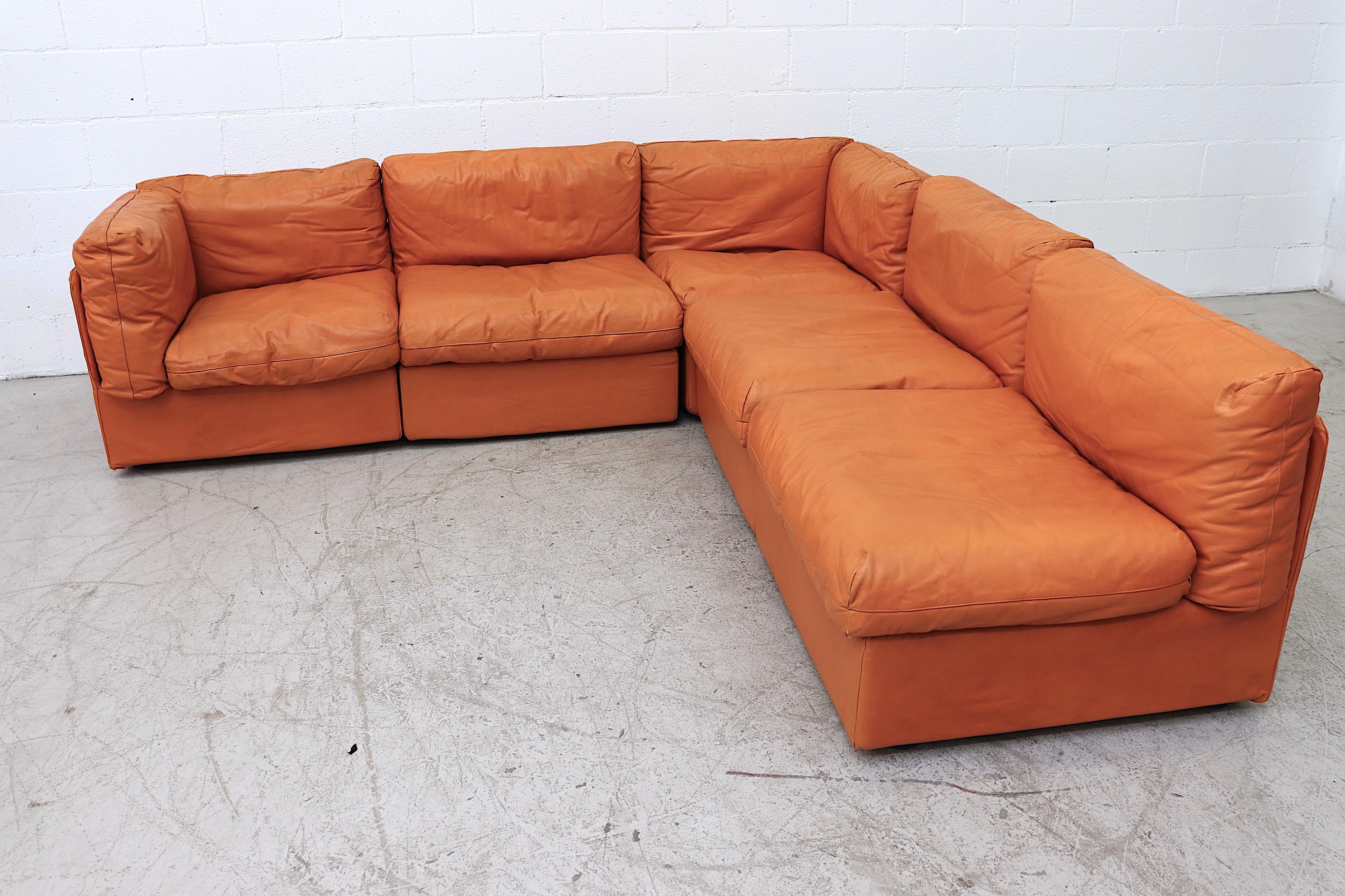 Mid-Century Modern Bonacina Italian Orange Leather Sectional Sofa
