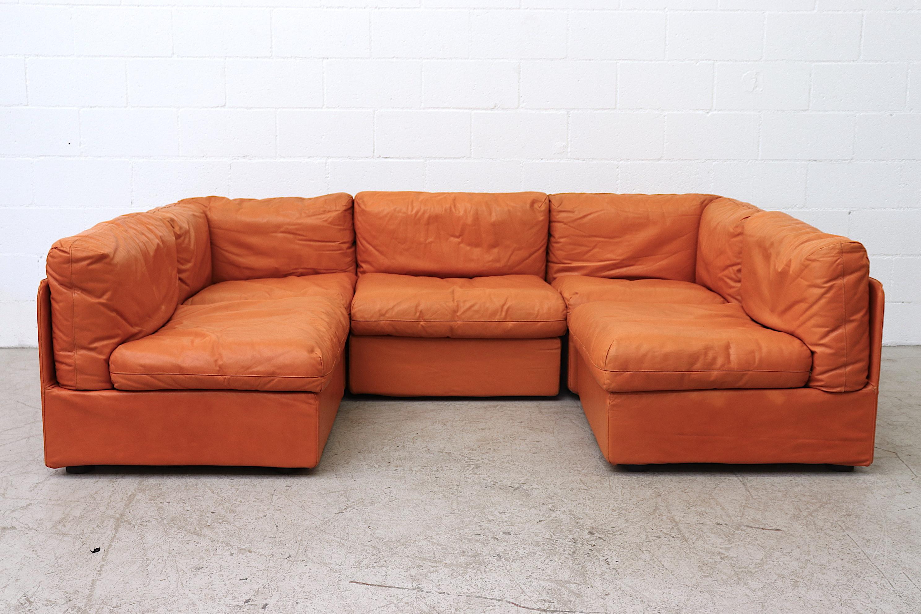 Bonacina Italian Orange Leather Sectional Sofa In Good Condition In Los Angeles, CA