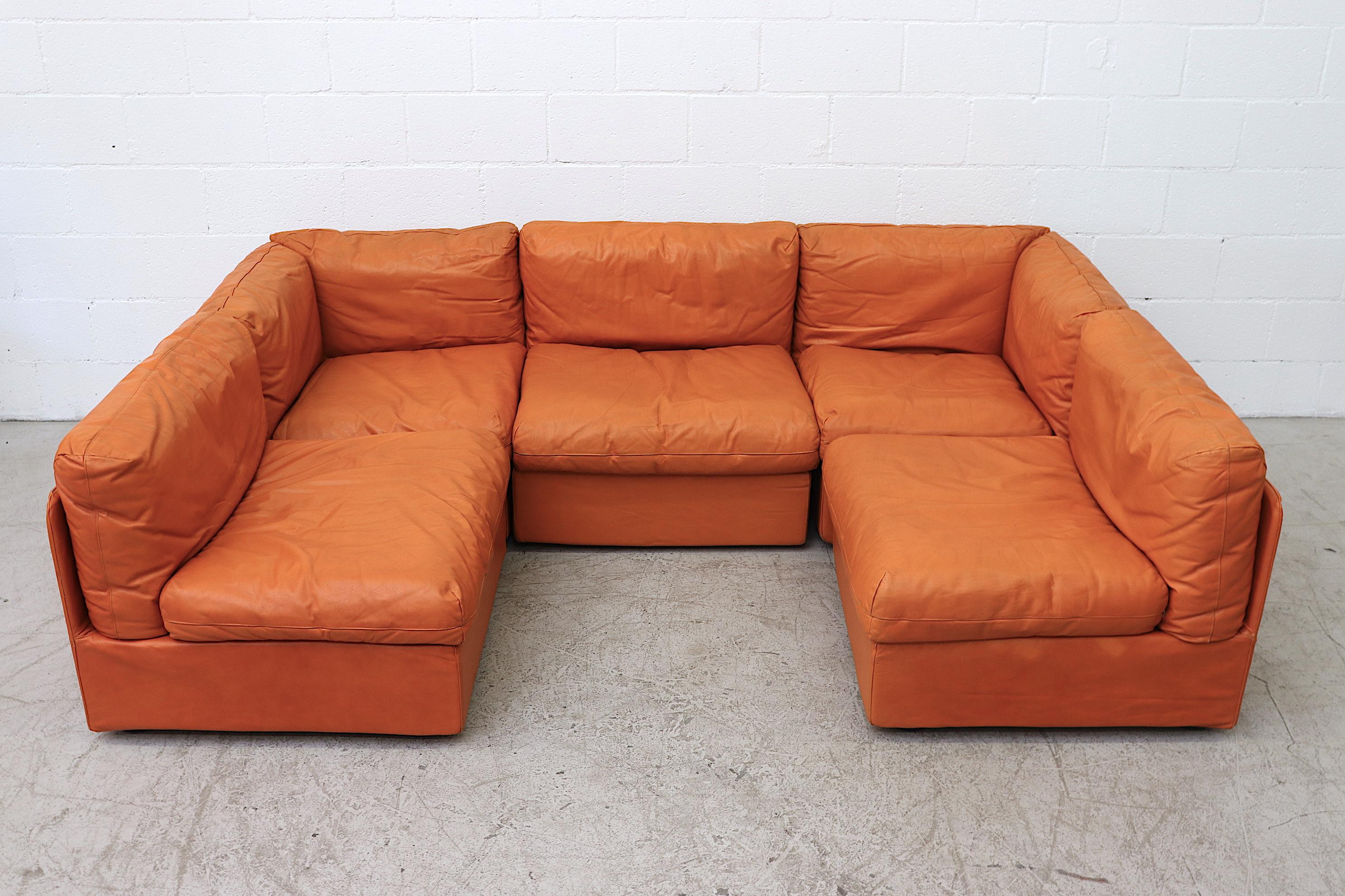 Mid-20th Century Bonacina Italian Orange Leather Sectional Sofa