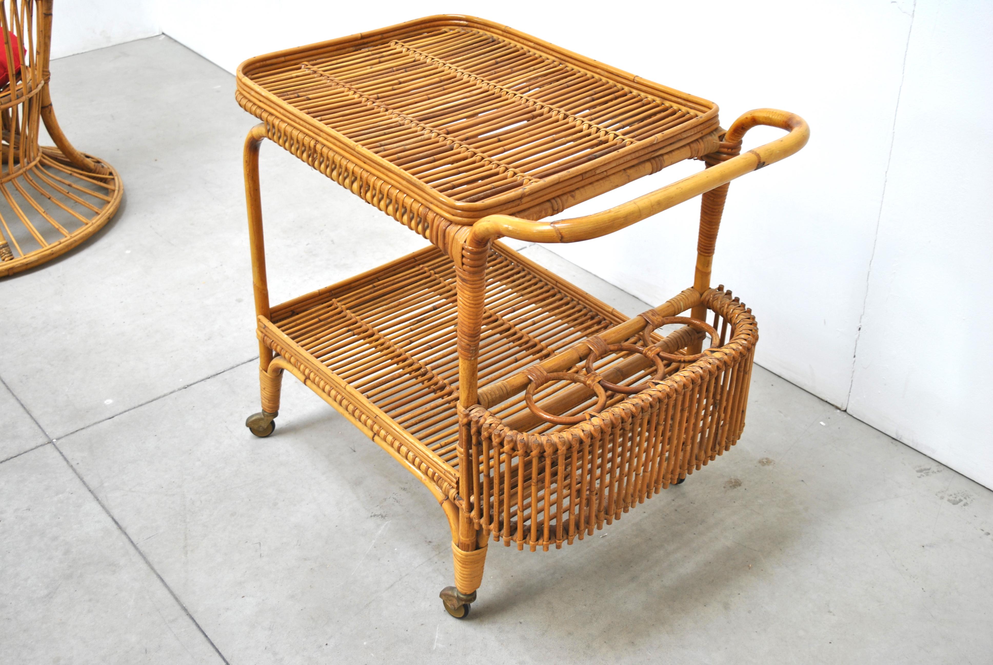 Mid-Century Modern Bonacina Midcentury Italian Serving Trolley in Wicker and Bamboo, 1950s