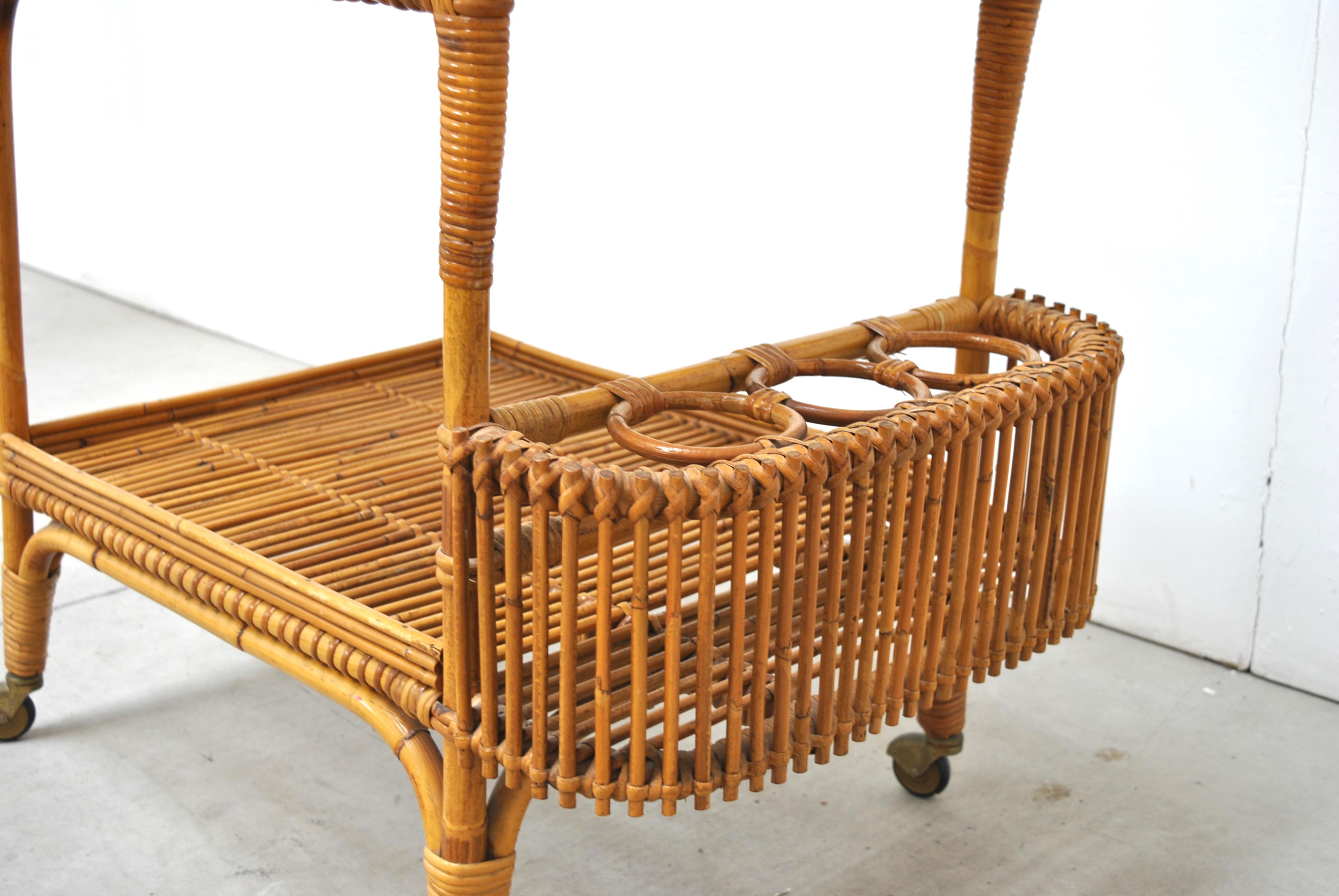 Mid-20th Century Bonacina Midcentury Italian Serving Trolley in Wicker and Bamboo, 1950s