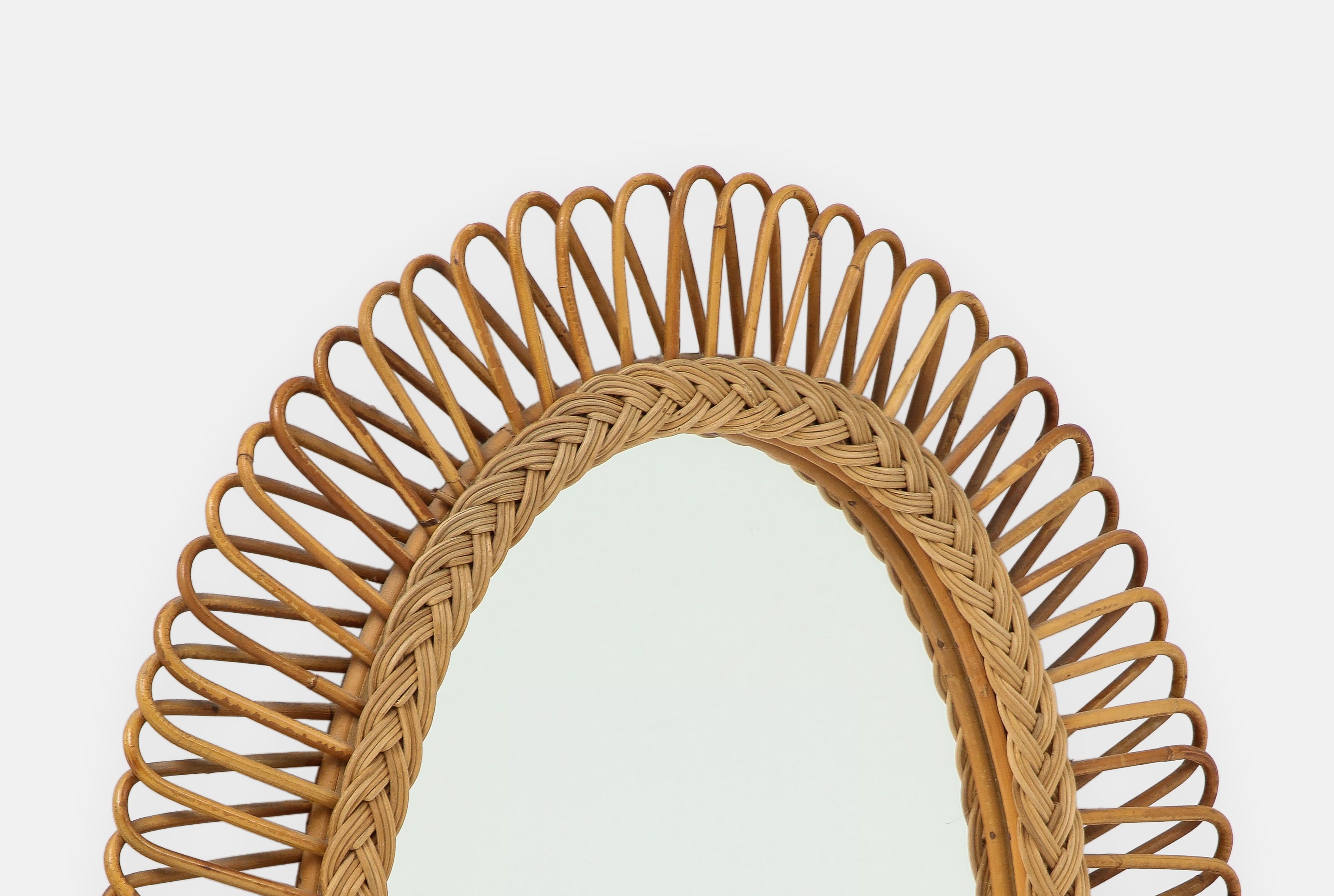 Mid-20th Century Bonacina Oval Bamboo and Rattan Mirror, Italy, 1950s For Sale