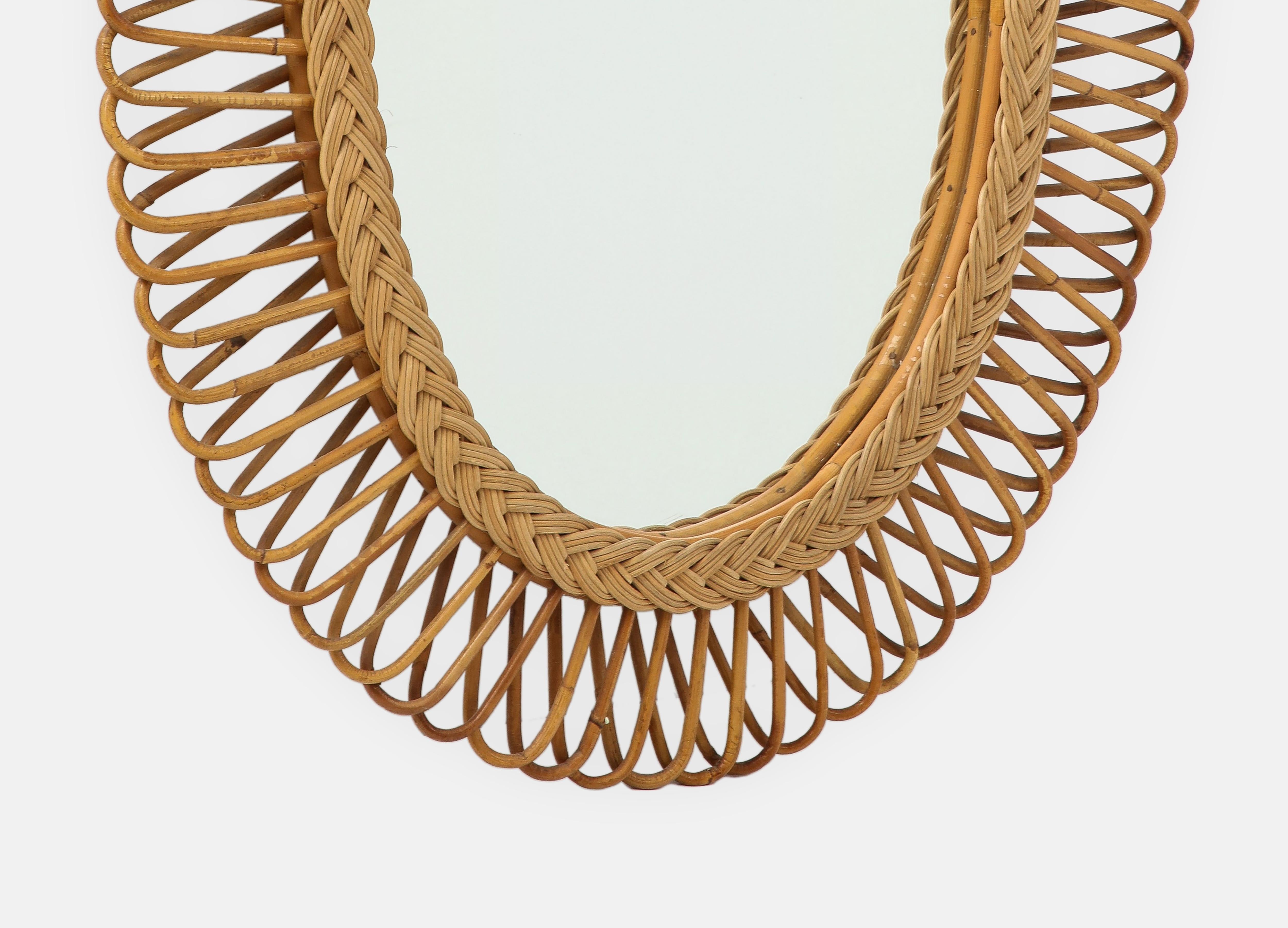 Bonacina Oval Bamboo and Rattan Mirror, Italy, 1950s For Sale 1