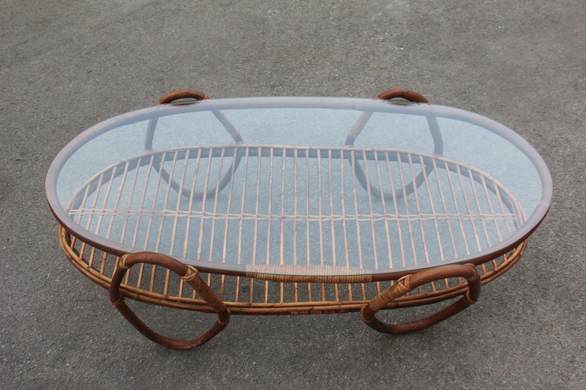 Oval Table Coffee Midcentury Italian Design Bamboo 1950s Glass Top In Good Condition In Palermo, Sicily