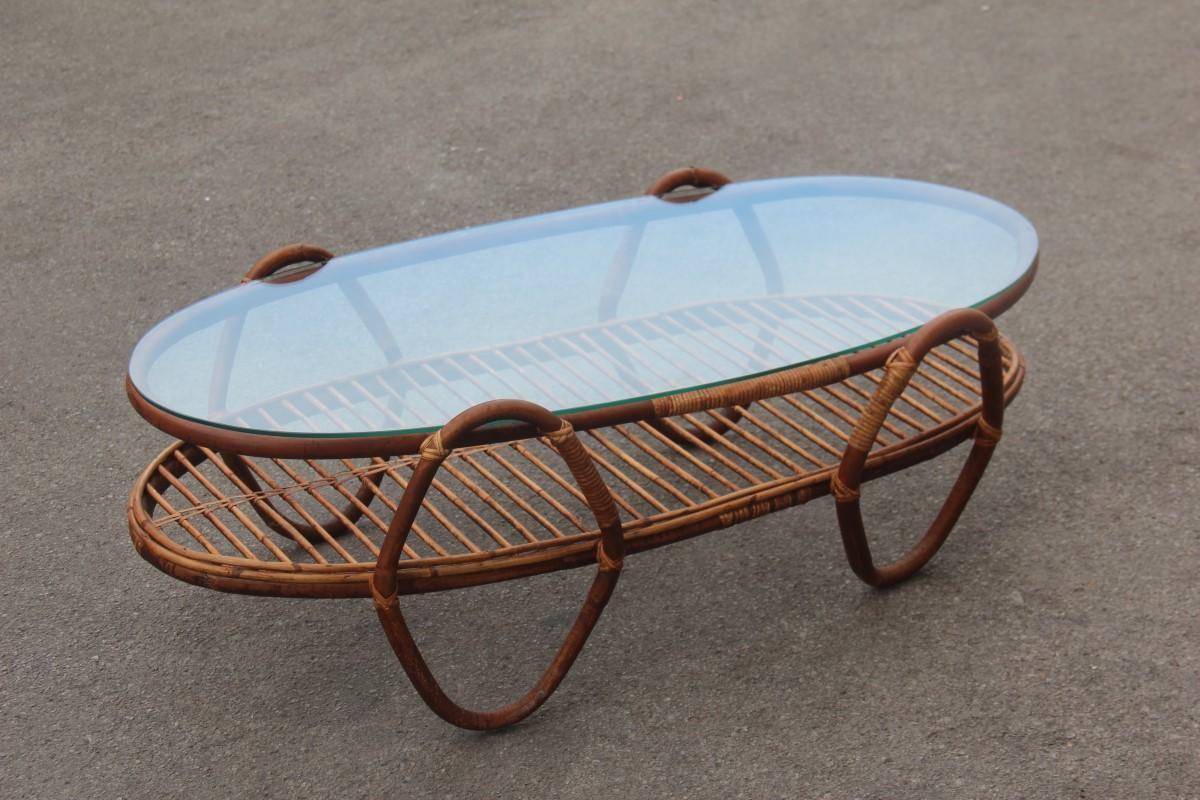 Mid-20th Century Oval Table Coffee Midcentury Italian Design Bamboo 1950s Glass Top