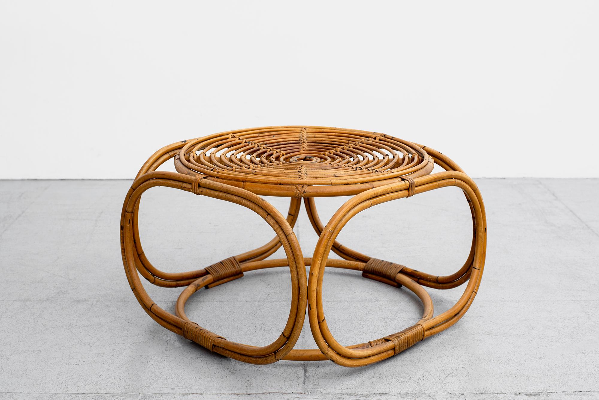 Square bent rattan table with sculptural shape.
Wonderful concentric circle design. 

 