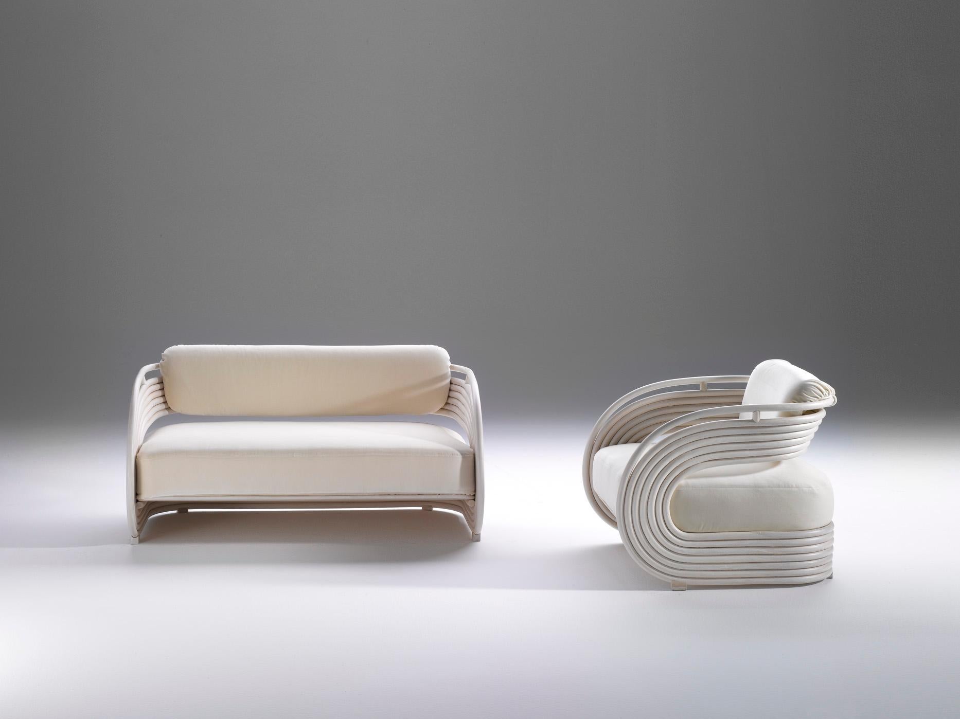 Moderne Fauteuil d'intérieur Nastro en rotin naturel tapissé Bonacina 1889, Joe Colombo en vente