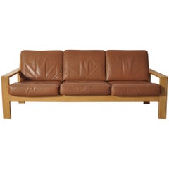 Bonanza Danish Mid-Century Modern Cognac Leather Oak Sofa by Esko Pajamies 