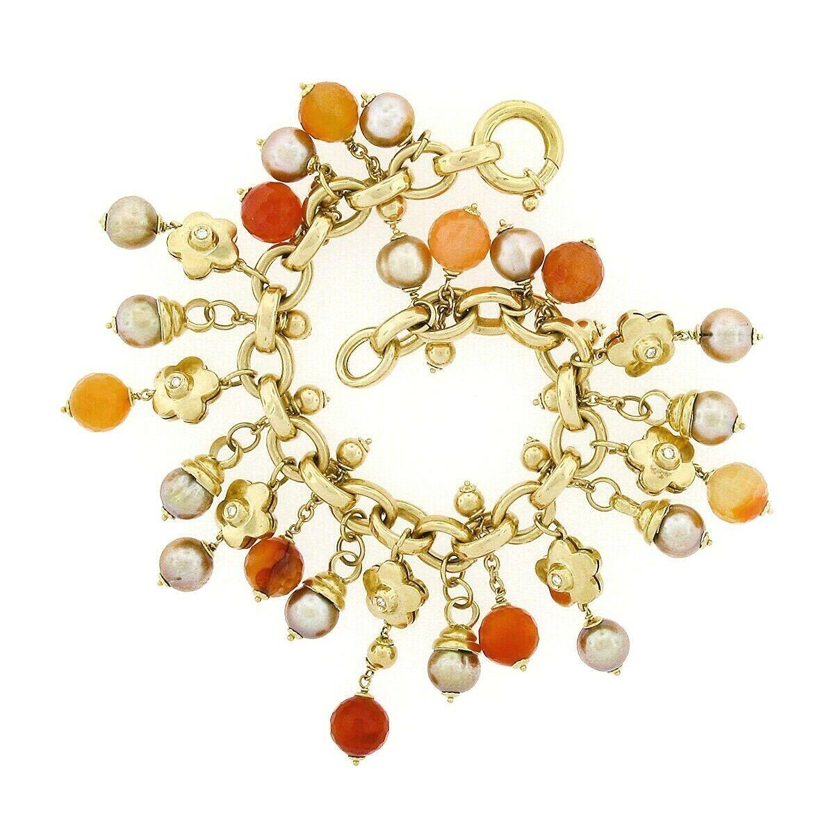 Bonato 18k Gold Diamond Flower Pearl Orange Quartz Beaded Dangle Charm Bracelet In Good Condition For Sale In Montclair, NJ