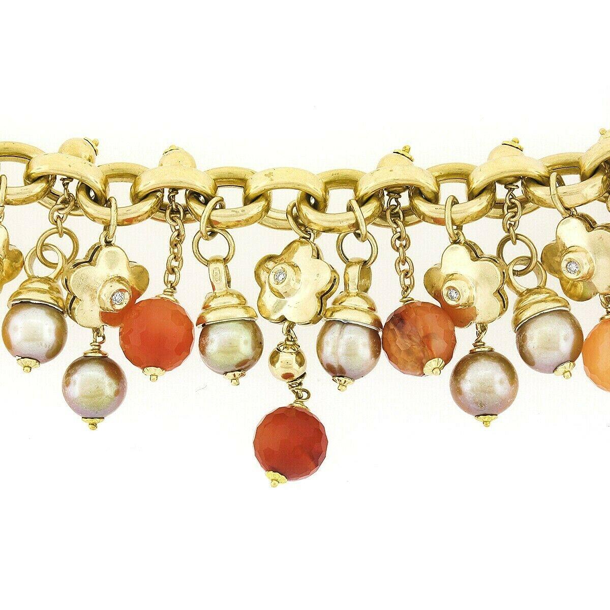 Bonato 18k Gold Diamond Flower Pearl Orange Quartz Beaded Dangle Charm Bracelet For Sale 2