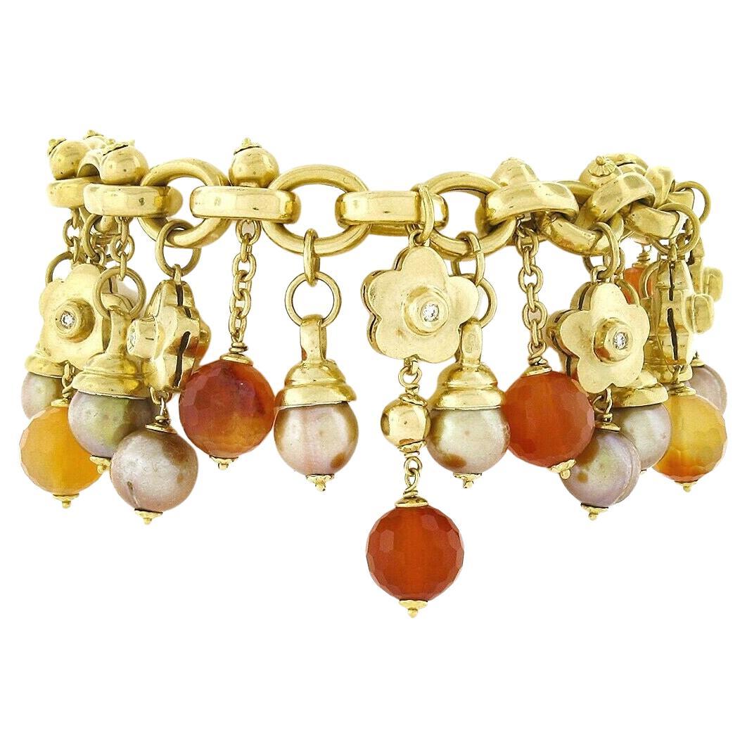 Bonato 18k Gold Diamond Flower Pearl Orange Quartz Beaded Dangle Charm Bracelet For Sale