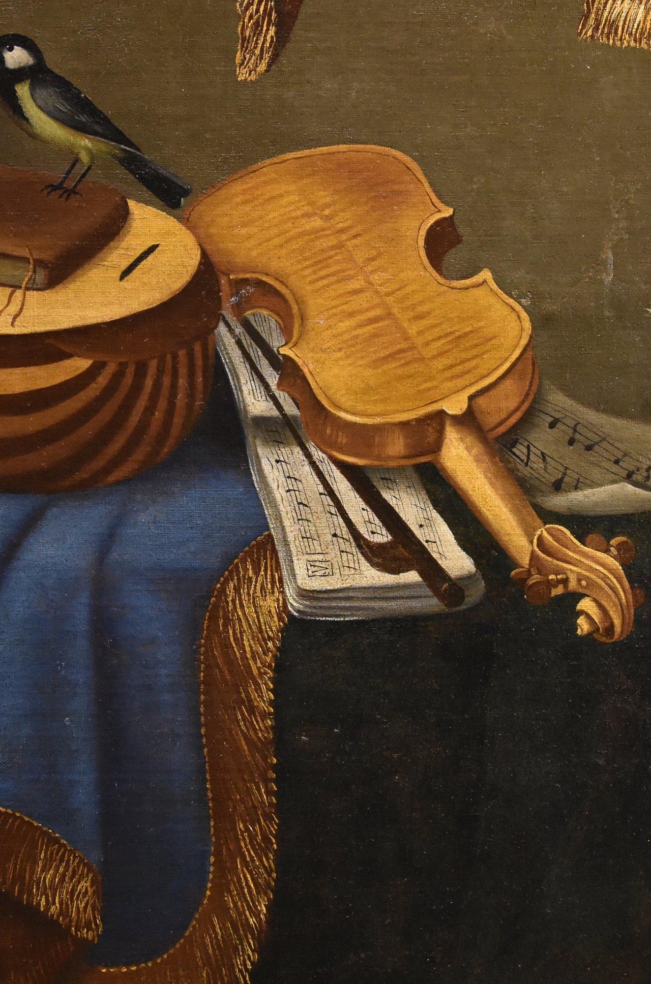 Natura morta Strumenti musicali Bettera Paint 17/18rt Century Olio su tela Arte in vendita 2
