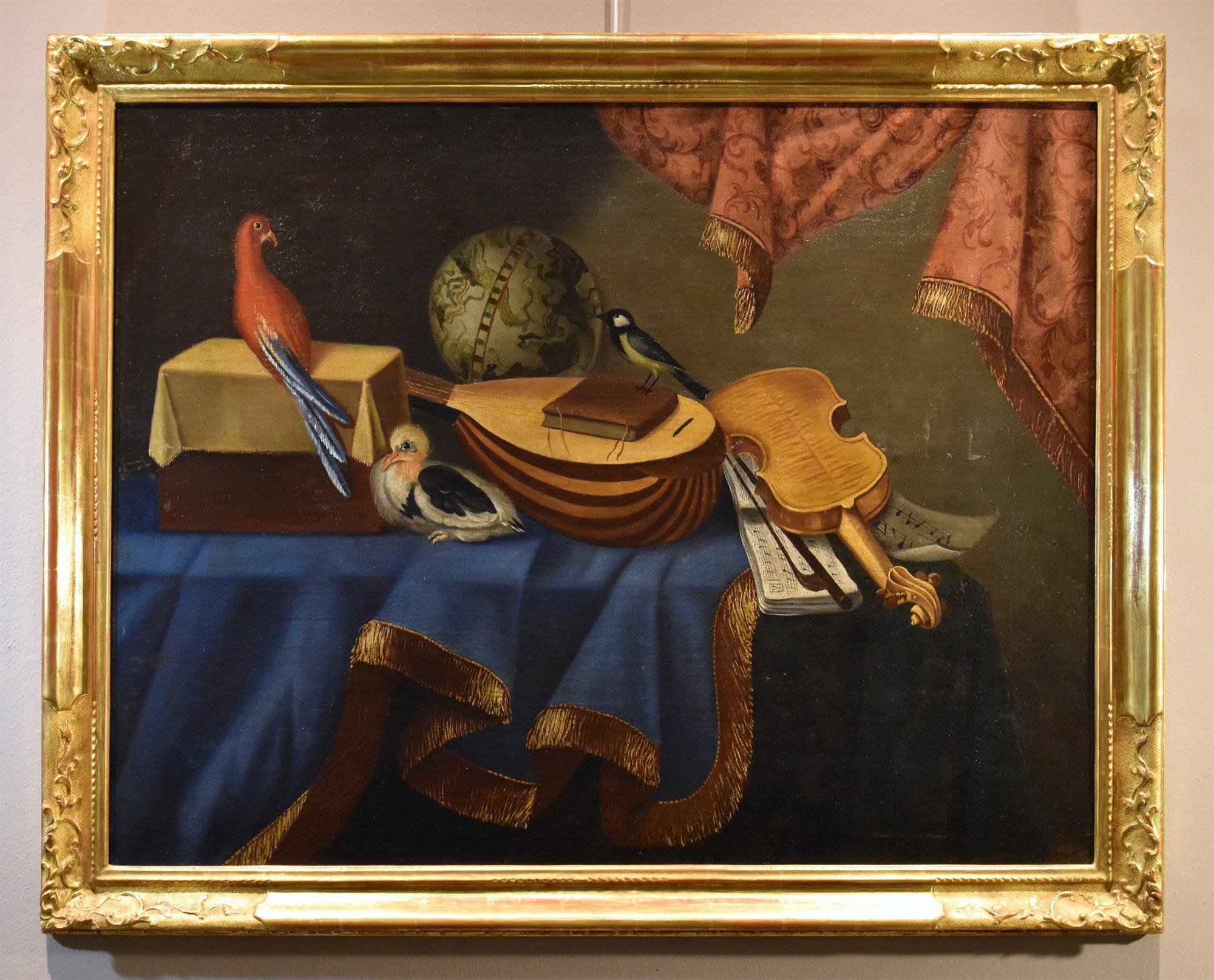 Still-Life Painting di  Bonaventura Bettera (bergamo 1663 - Documented Until 1718) - Natura morta Strumenti musicali Bettera Paint 17/18rt Century Olio su tela Arte