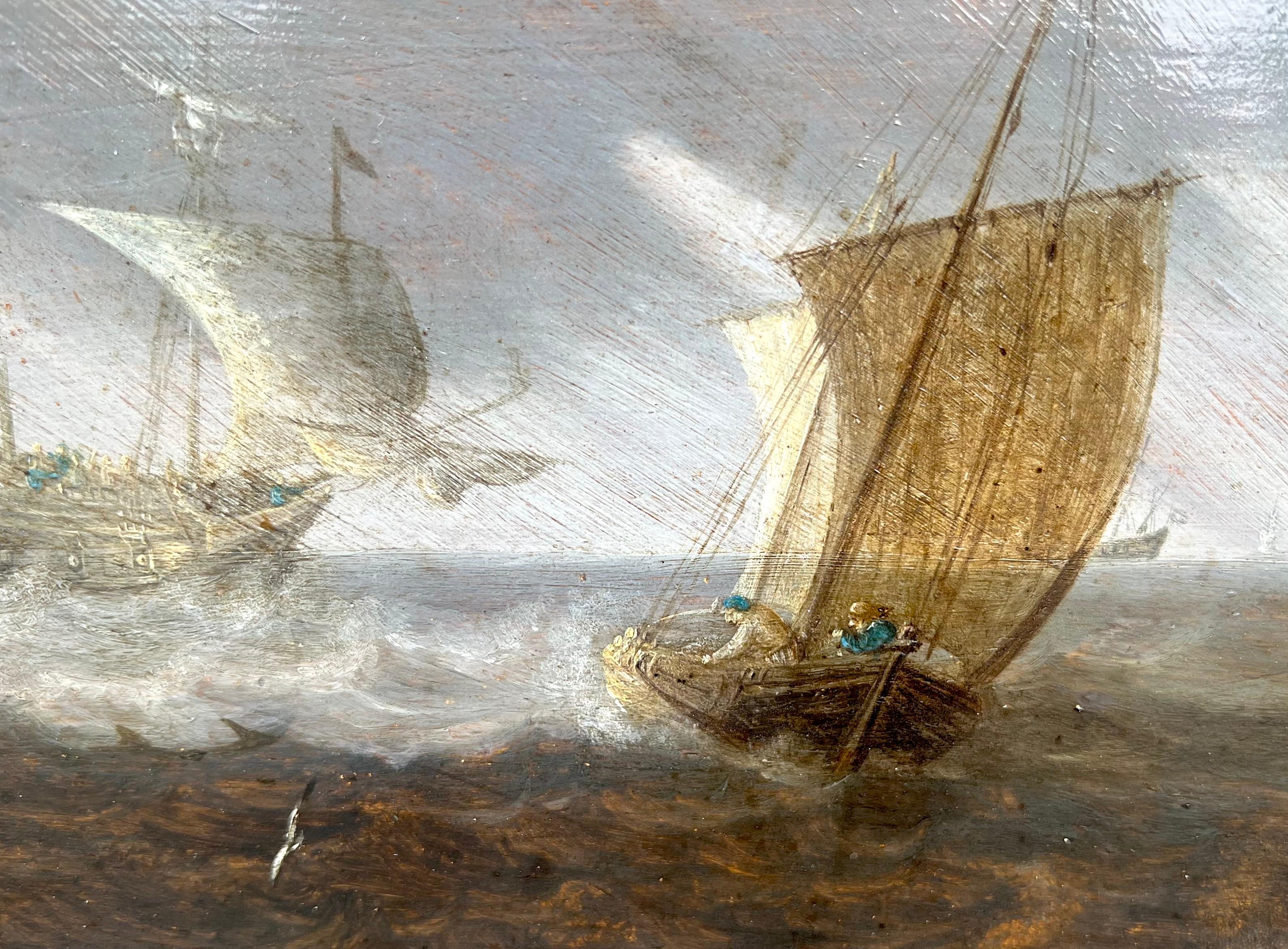 Flämisches Seestück aus dem 17. Jahrhundert - Stürmische See mit Handelsschiffen und Delfinen (Alte Meister), Painting, von Bonaventura Peeters the Elder