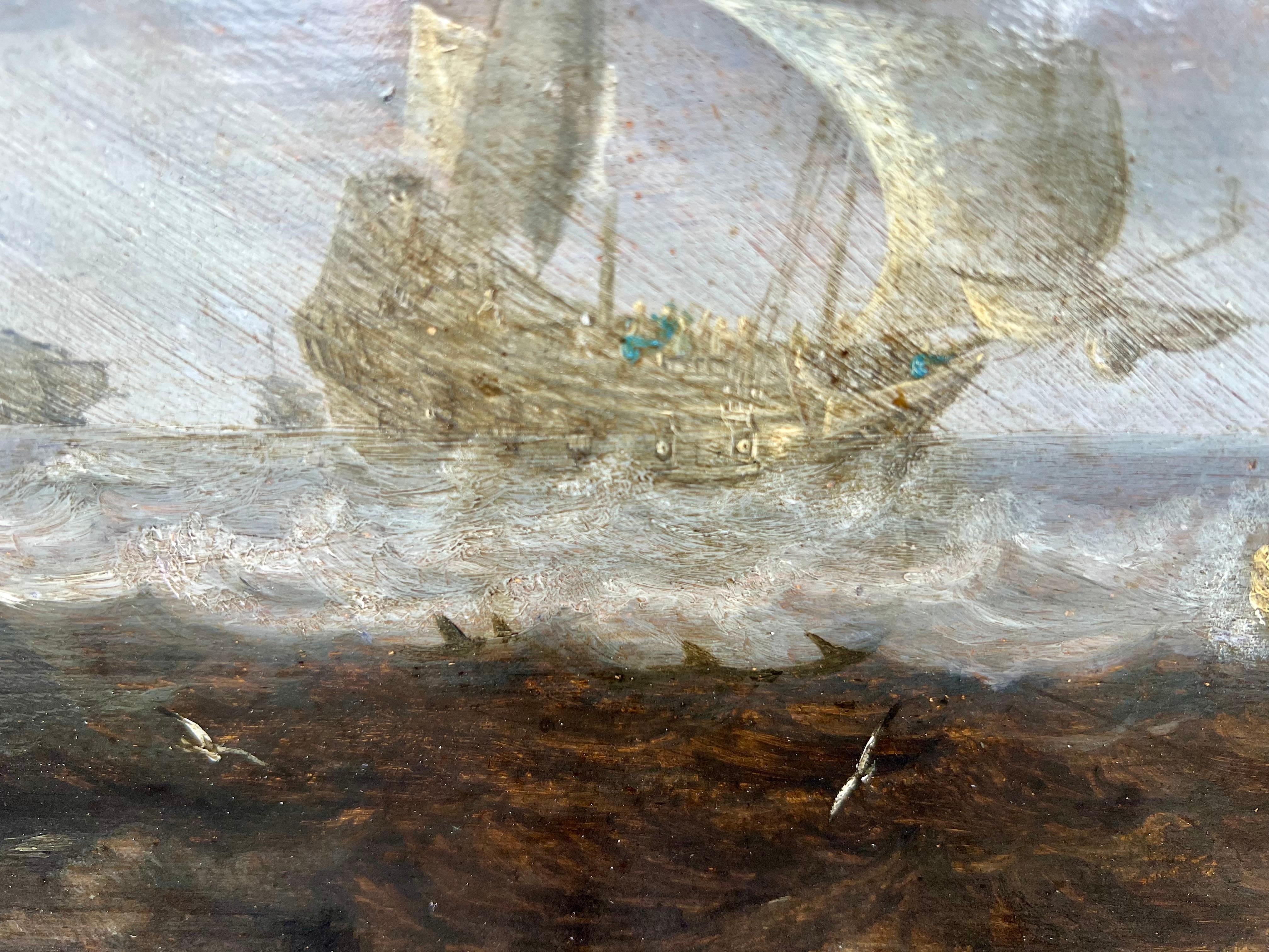 Flämisches Seestück aus dem 17. Jahrhundert - Stürmische See mit Handelsschiffen und Delfinen (Grau), Figurative Painting, von Bonaventura Peeters the Elder