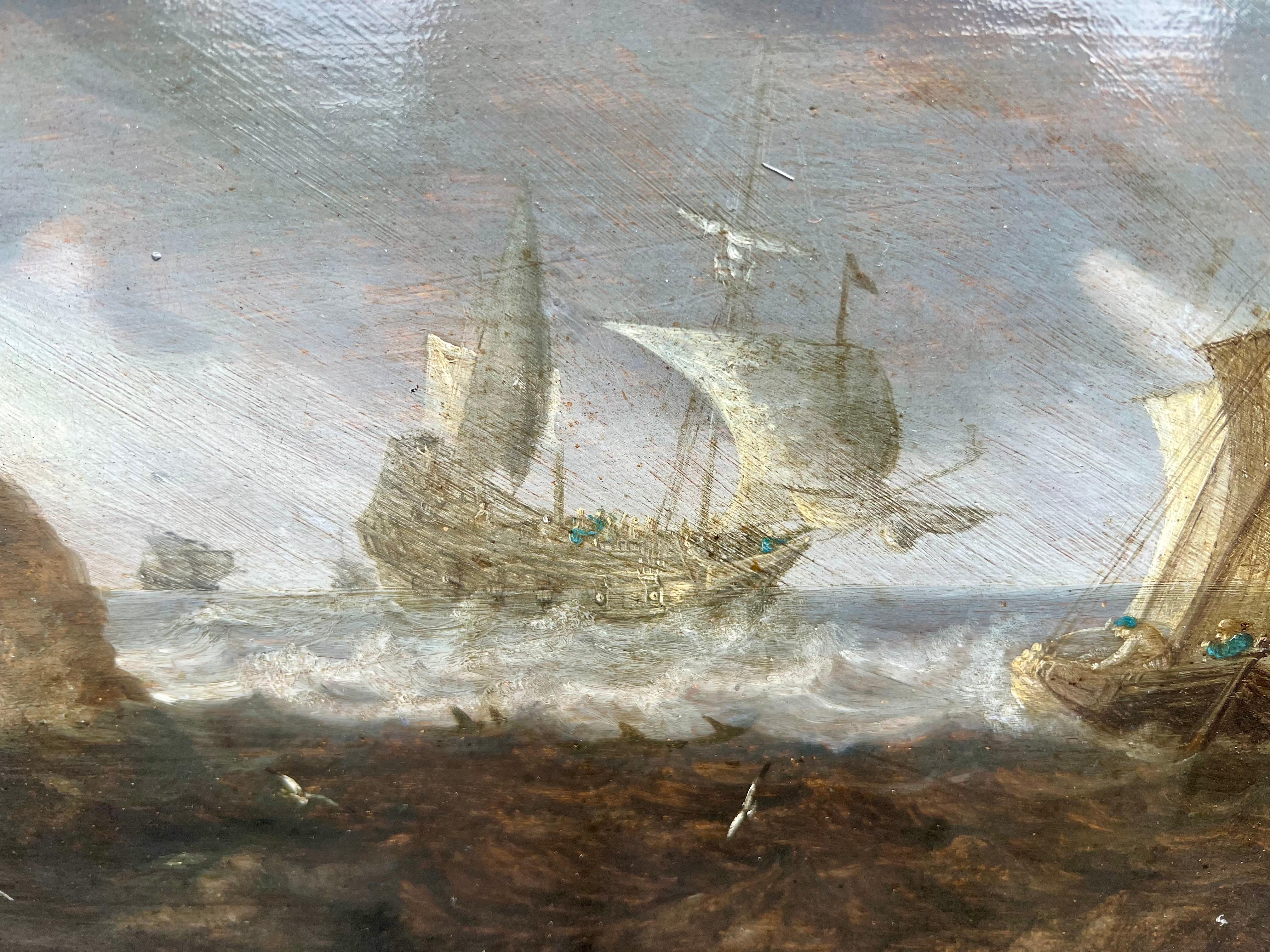 Bonaventura Peeters der Ältere (1614-1652), Stürmische Küstenszene mit Handelsschiffen, Galliot und Delphinen

 Eingerahmt von zerklüfteten Klippen und beleuchtet von einem dunklen, wirbelnden Himmel, der mit Energie und Atmosphäre aufgeladen ist,