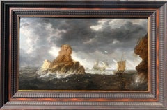 Paesaggio marino fiammingo del XVII secolo - Mare in tempesta con navi mercantili e delfini