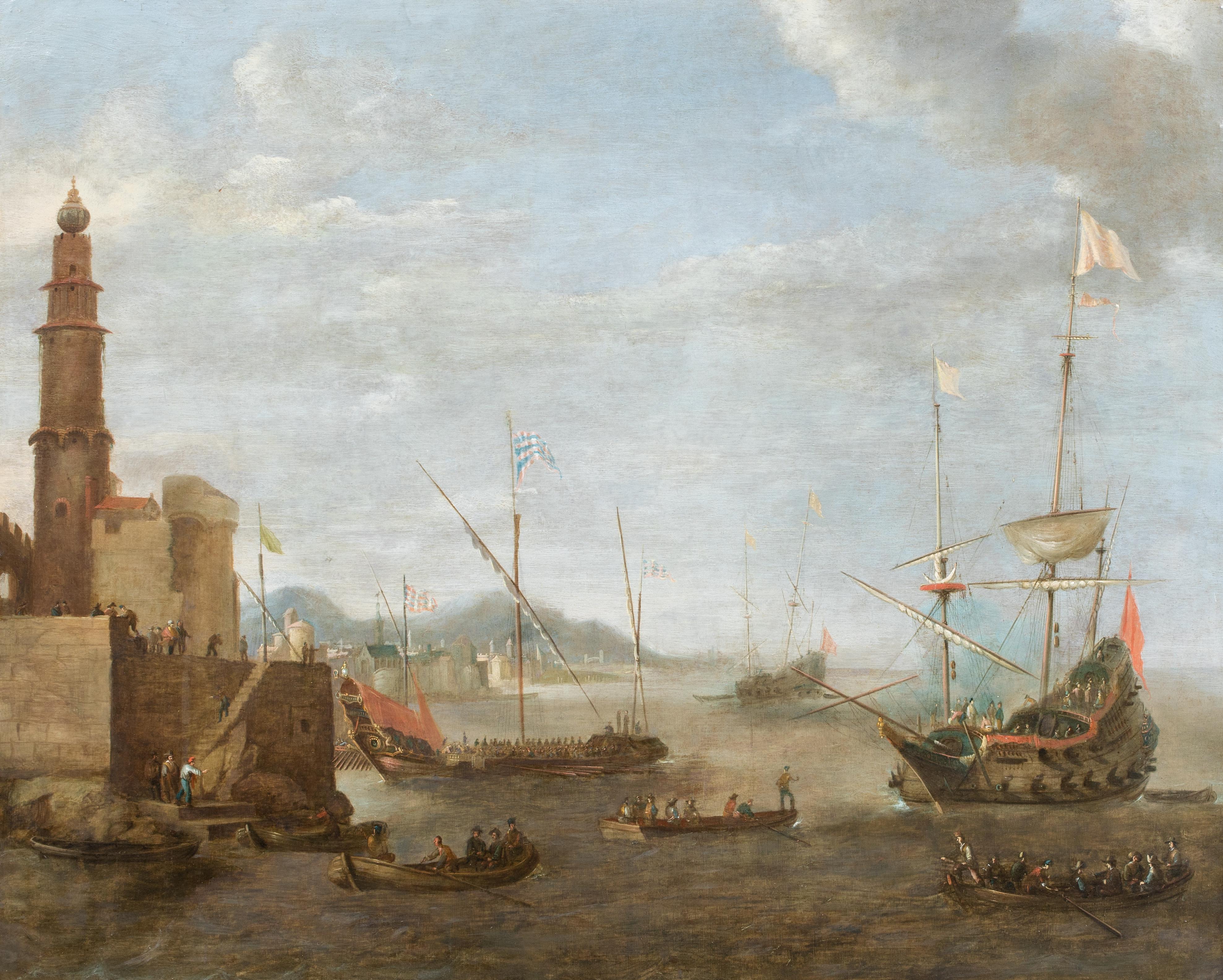 The Dutch Navy Off A Turkish Ottoman Trade Post, 17th Century

attributed to Bonaventura I PEETERS (1614-1652)

Large 17th Century Dutch Old Master of the Dutch Men-Of-War anchored off an Ottoman trade post, oil on copper. Exceptional quality and