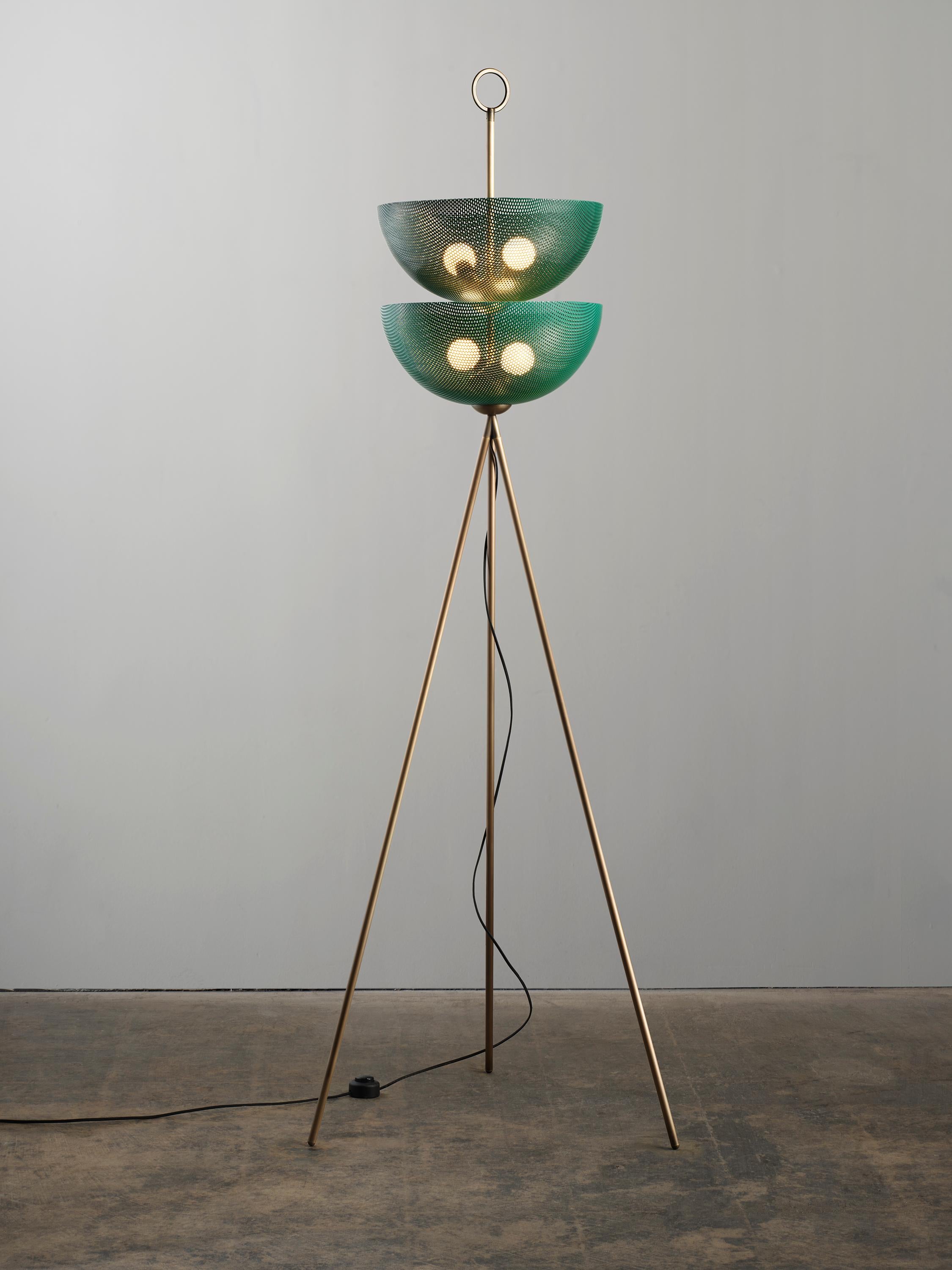 Introducing the Bonbon floor lamp--a luminary confection designed by Blueprint Lighting, 2021. Fabricated with our spun-metal mesh shades and a tripod brass base. A solid brass Tommi Parzinger-inspired ring finial tops off this gorgeous piece of eye