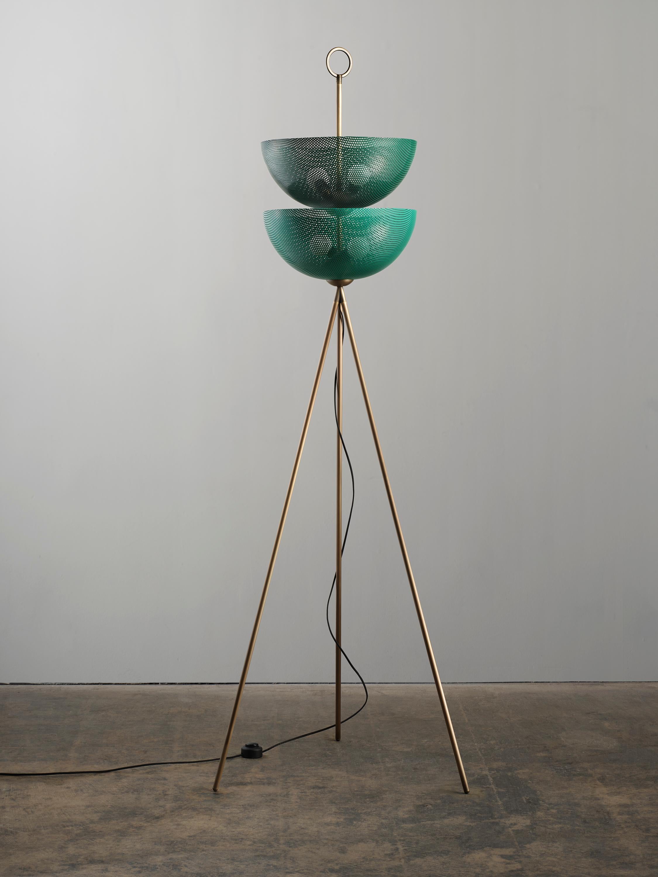 Mid-Century Modern Bonbon Floor Lamp in Green Enamel Mesh & Natural Brass by Blueprint Lighting