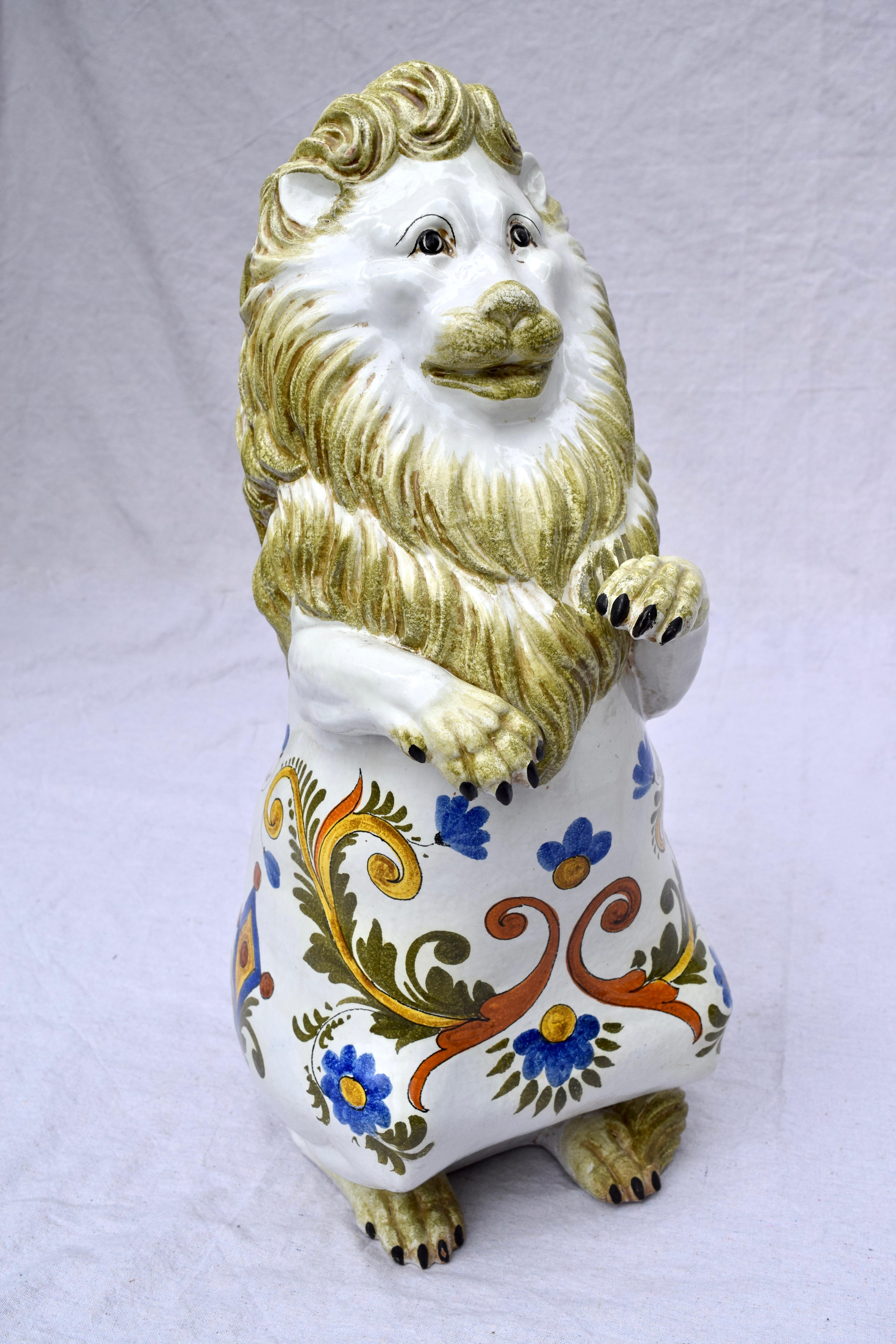 An unusual and generously sized Italian pottery lion handmade and colourfully glazed in Italy; Bonci Siena. Signed with a variety of marks and numbers.
 