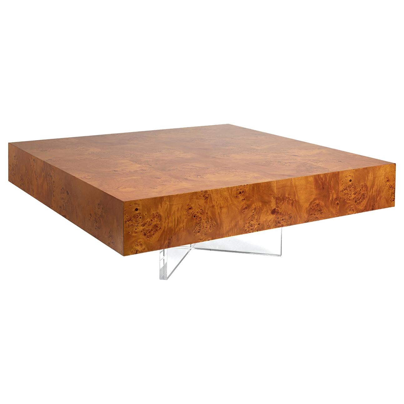 Bond Burled Wood and Lucite Cocktail Table For Sale