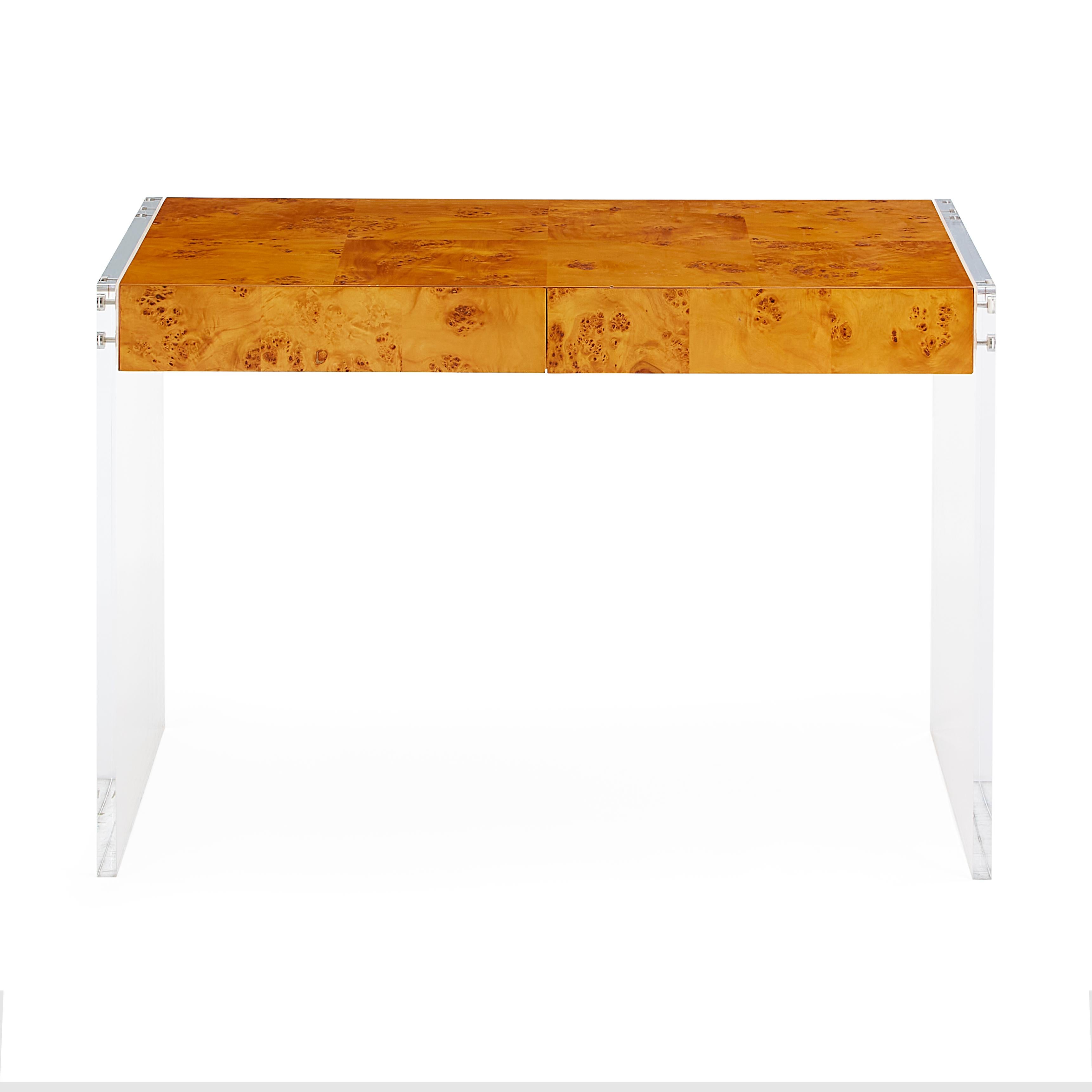 Timelessly chic. A Minimalist world of burled wood, acrylic panels, and stainless steel. Pieced, burled mappa wood floats between Lucite legs with stainless steel accents. Fully finished drawers with a hidden pull make this desk fierce from any