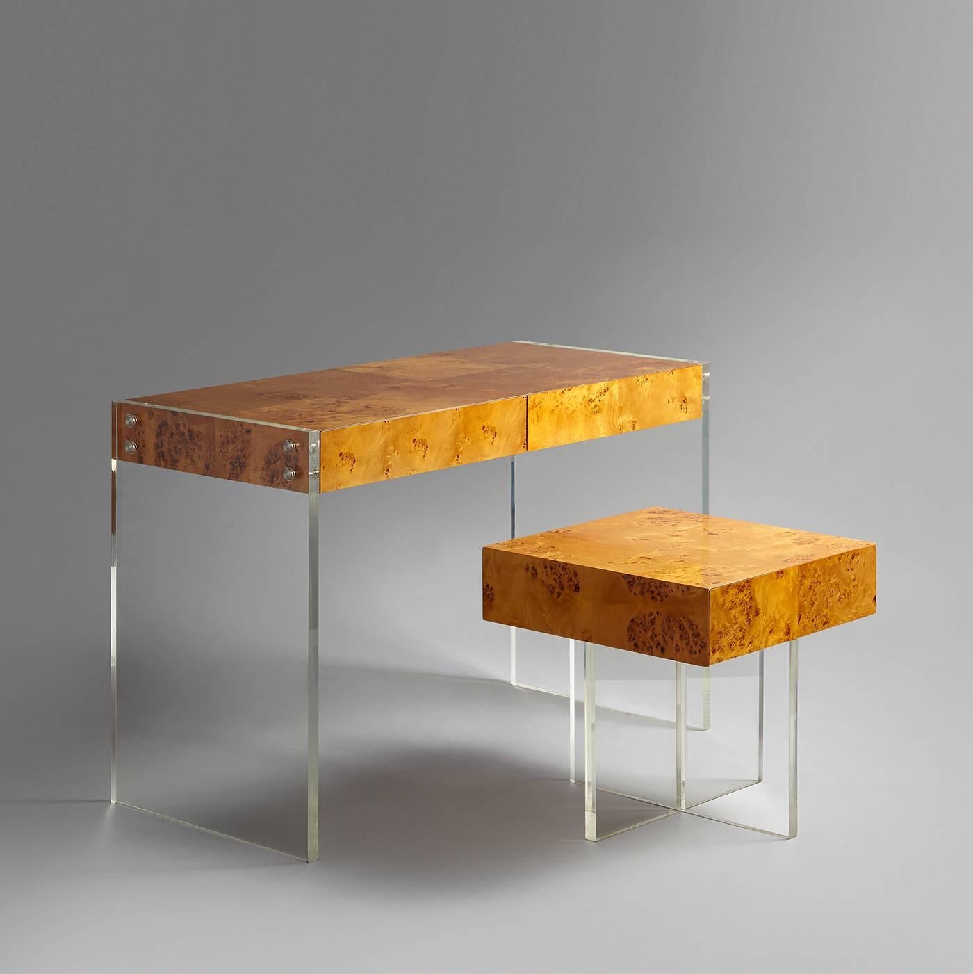 Contemporary Bond Burled Wood and Lucite Desk