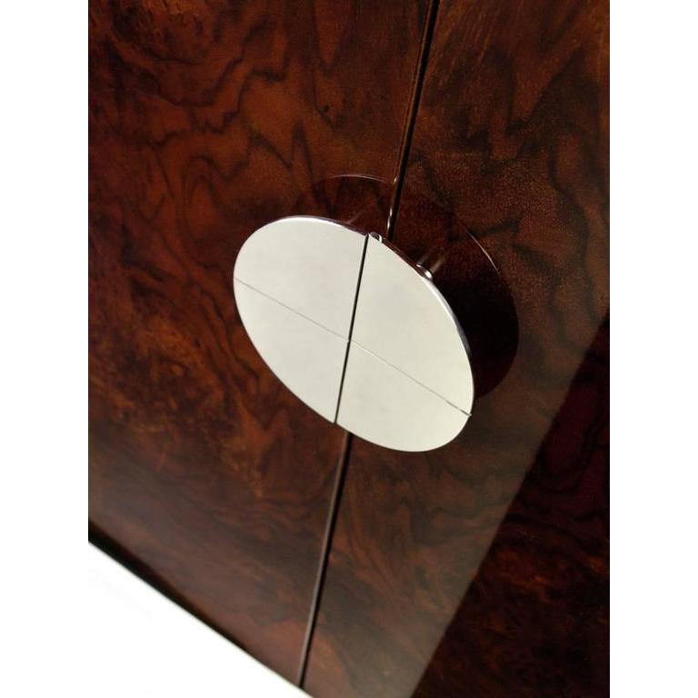 Art Deco Bond Drinks Cabinet, High Gloss Burr Walnut Veneer with Maple Interior For Sale