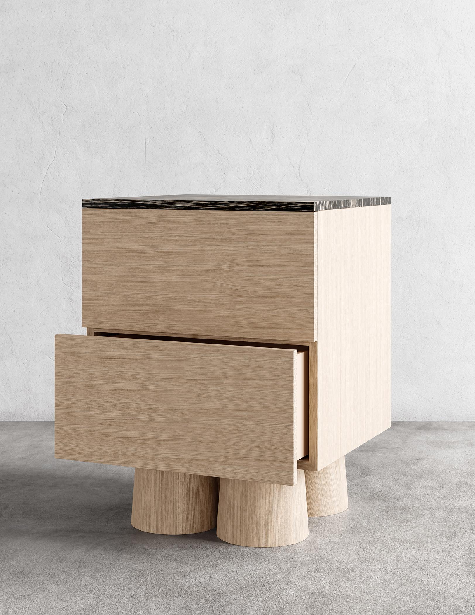 Americano BOND NIGHTSTAND - Design moderno con Rift Recon nudo e scanalatura esotica in bianco e nero. in vendita