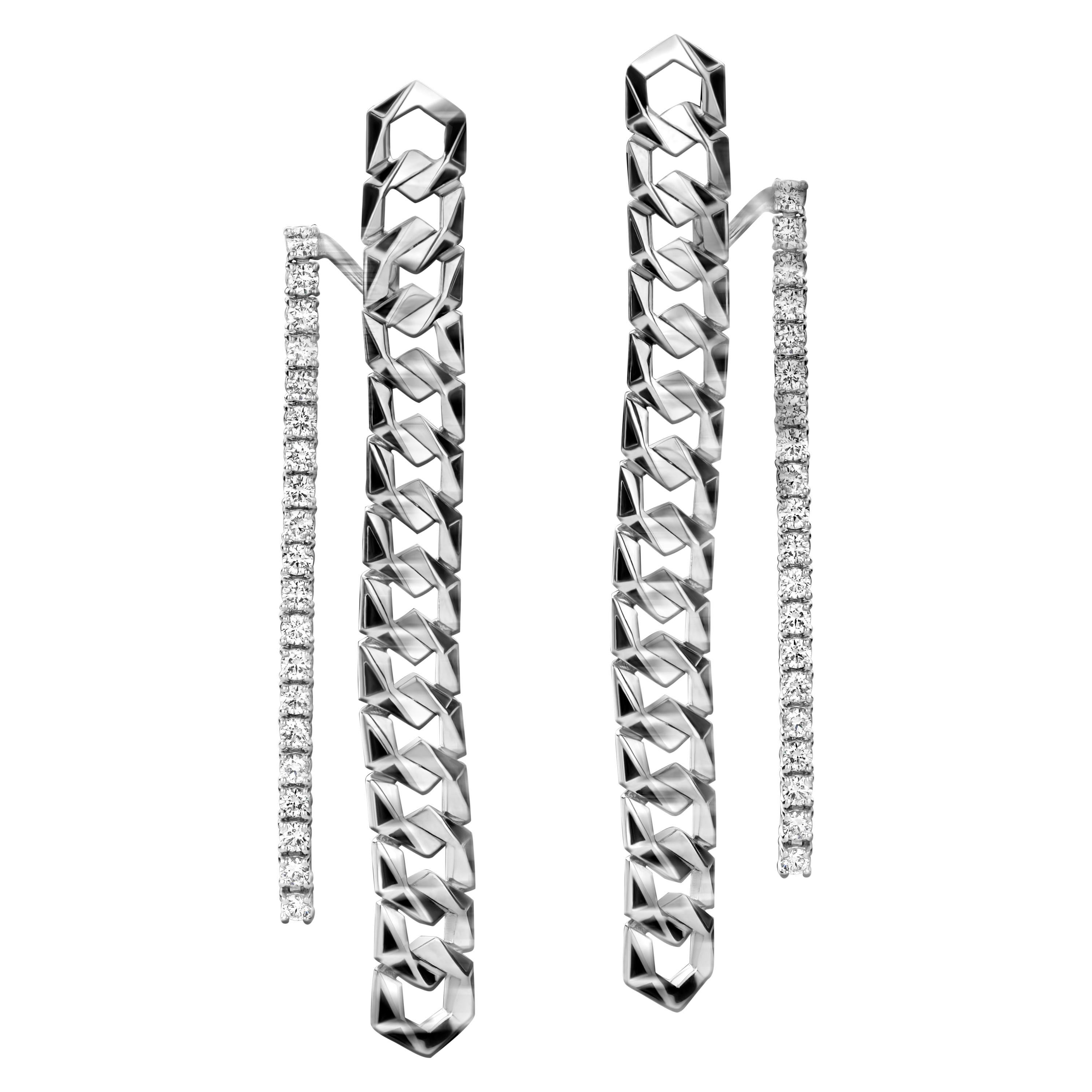 Chain Dangle 18k White Gold Diamond Earrings  For Sale