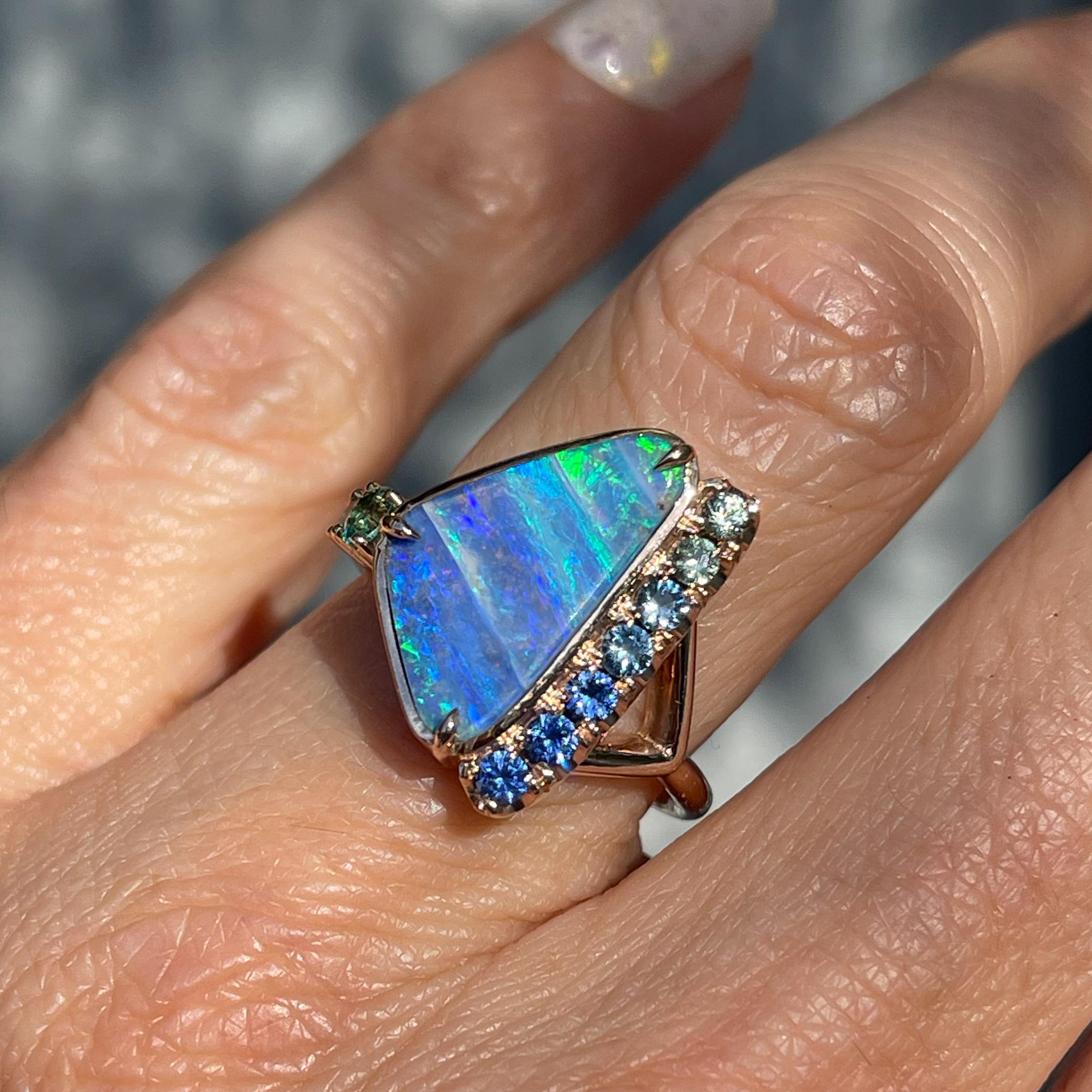 Contemporary Bondi Retrospective Australian Opal Ring with sapphires Rose Gold, NIXIN Jewelry For Sale