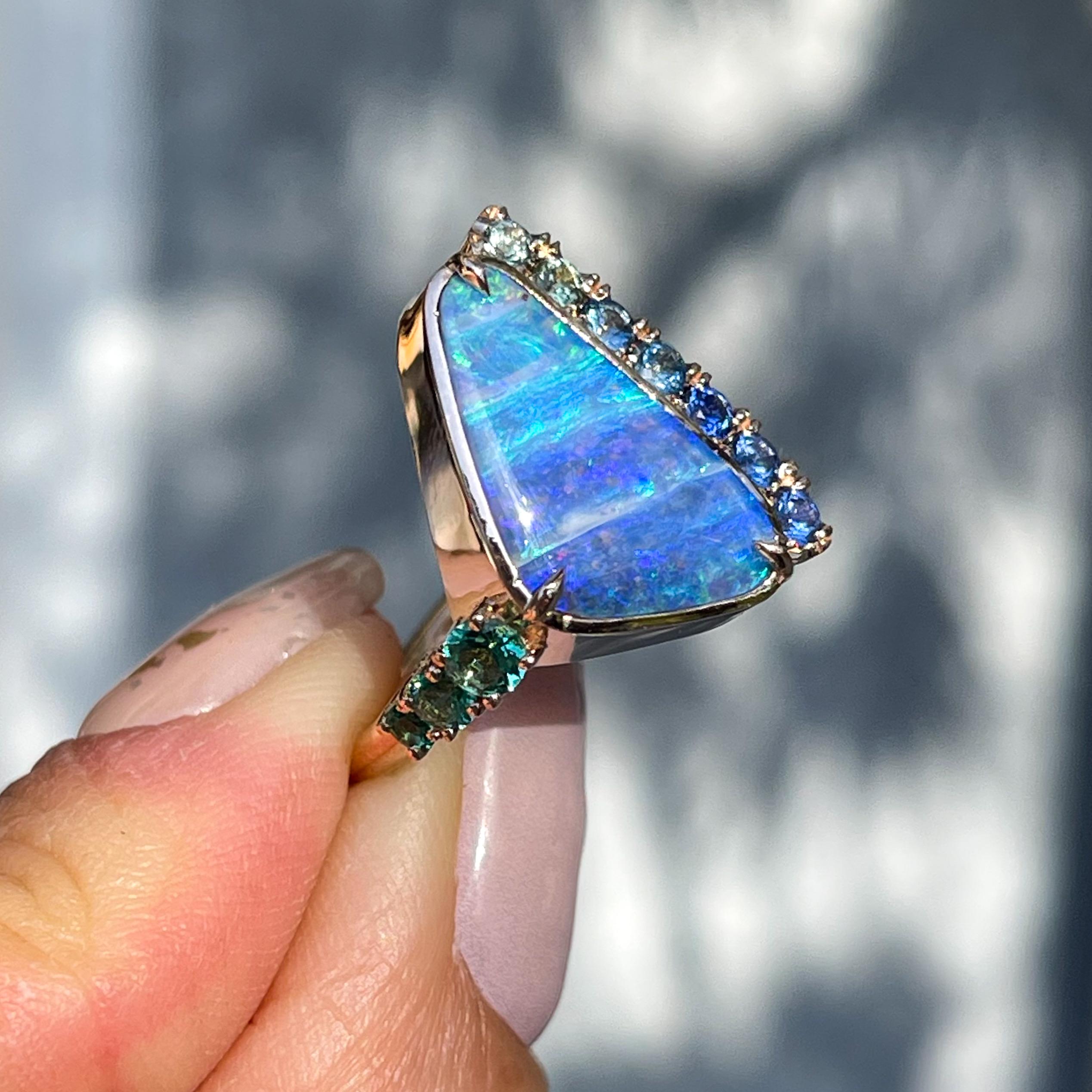 Bondi Retrospective Australian Opal Ring with sapphires Rose Gold, NIXIN Jewelry In New Condition For Sale In Los Angeles, CA