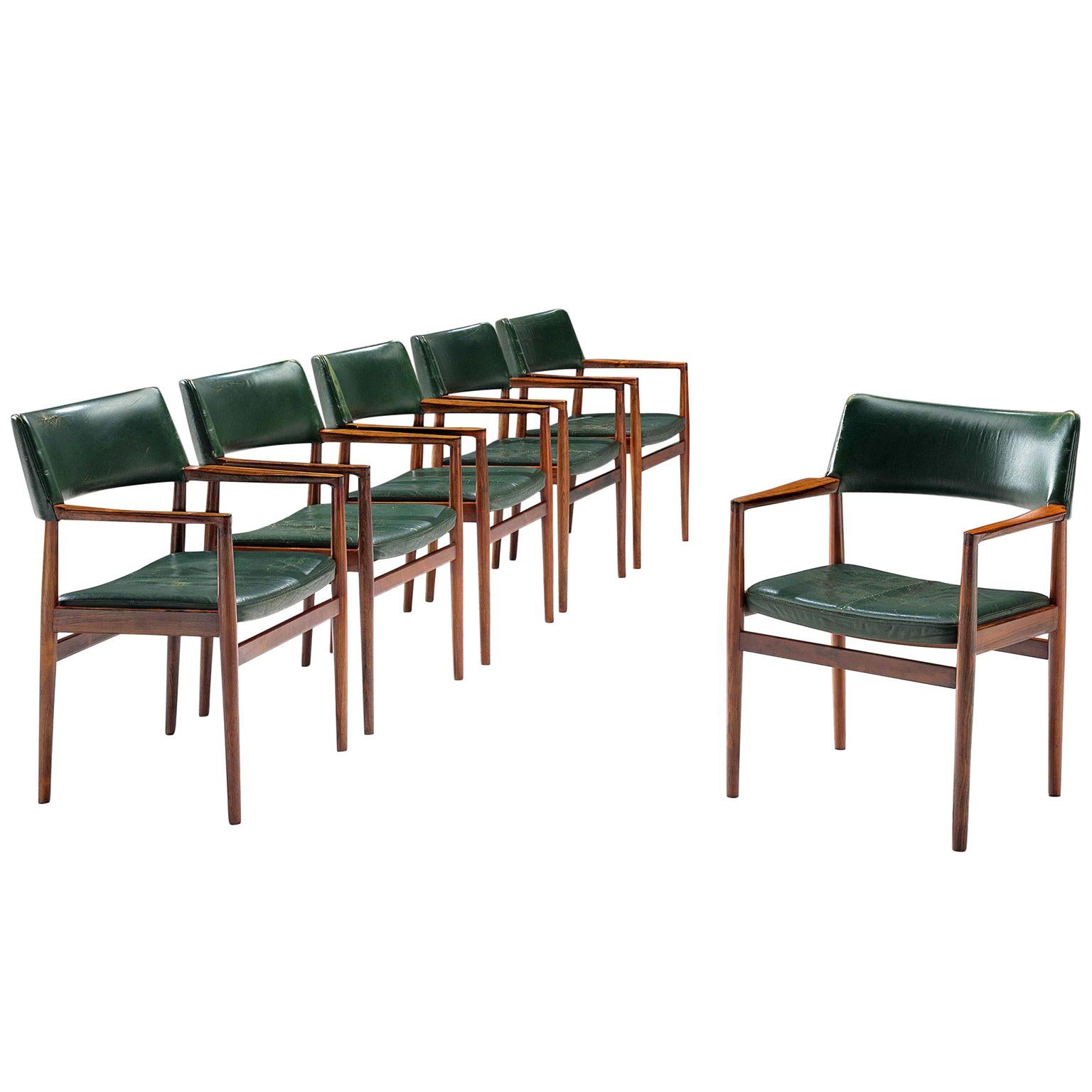 Bondo Gravesen Rosewood Armchairs in Original Green Leather