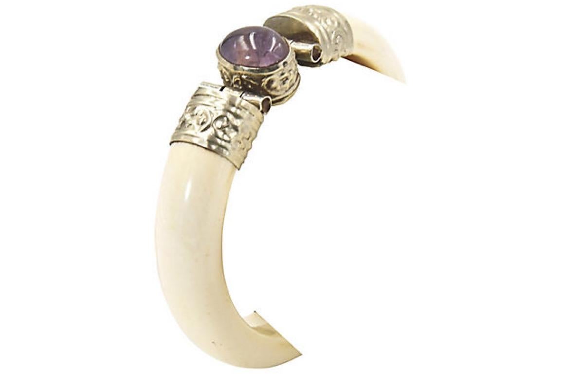 Women's or Men's Bone and Amethyst Silver Plate Bangle Bracelet
