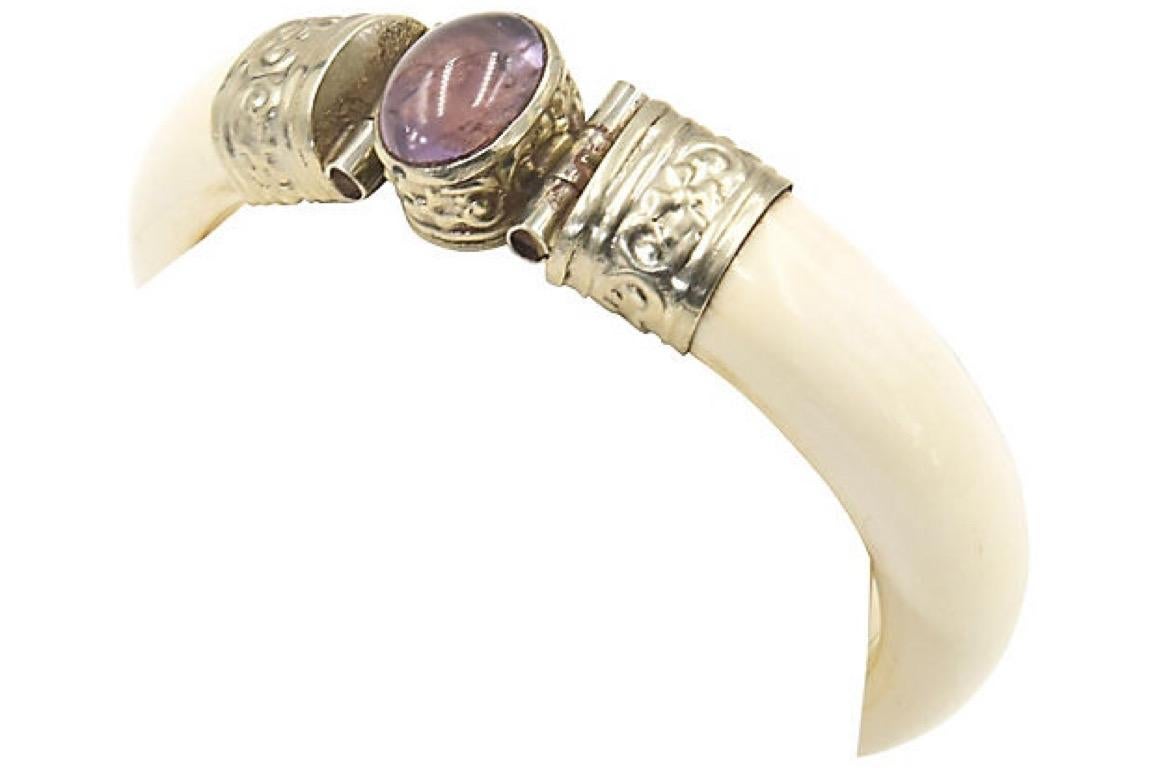 Bone and Amethyst Silver Plate Bangle Bracelet 1