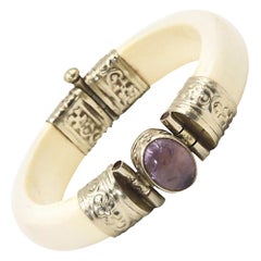 Bone and Amethyst Silver Plate Bangle Bracelet