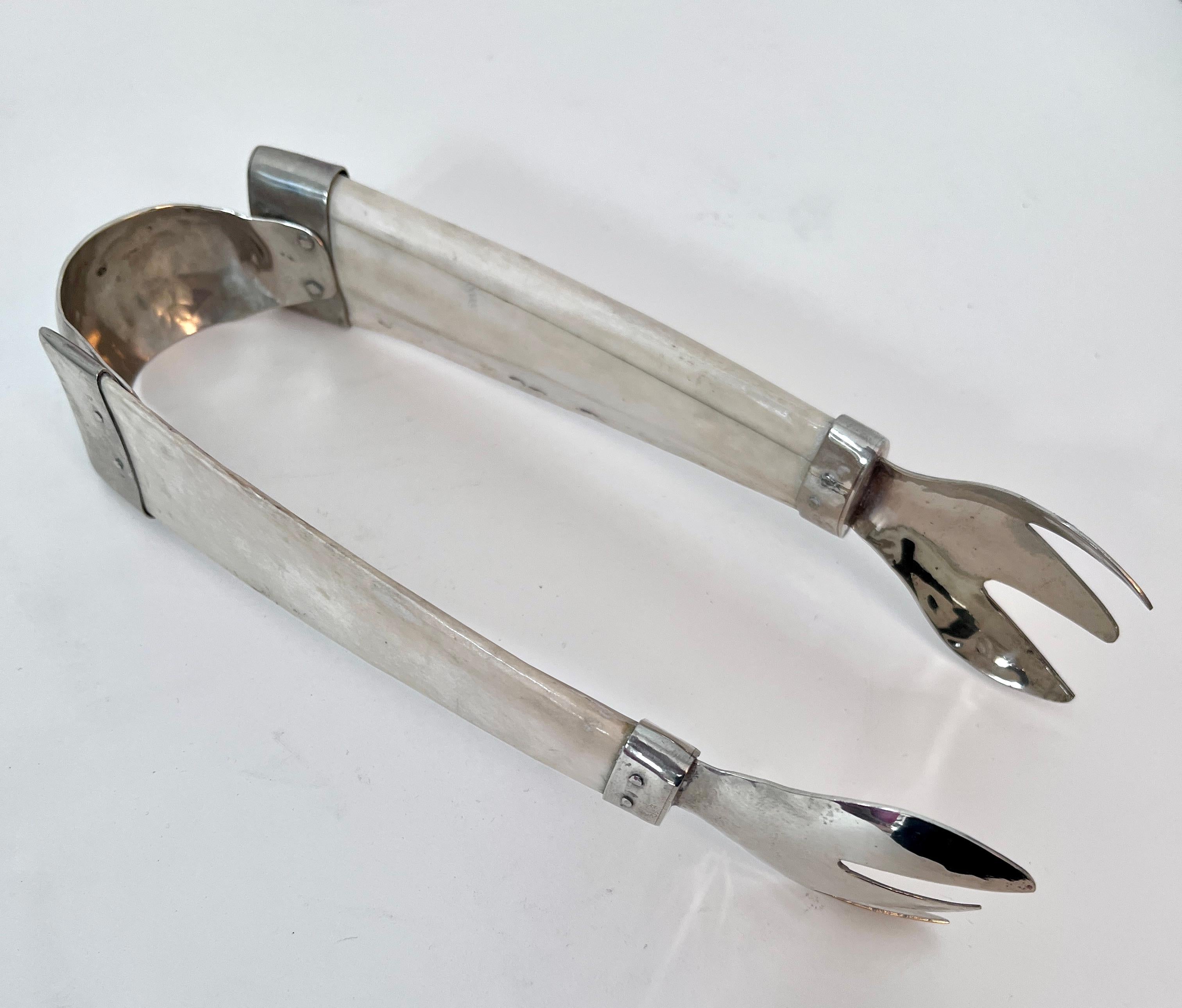 Mid-Century Modern Bone and Silver Plate Cocktail Ice Tongs  For Sale
