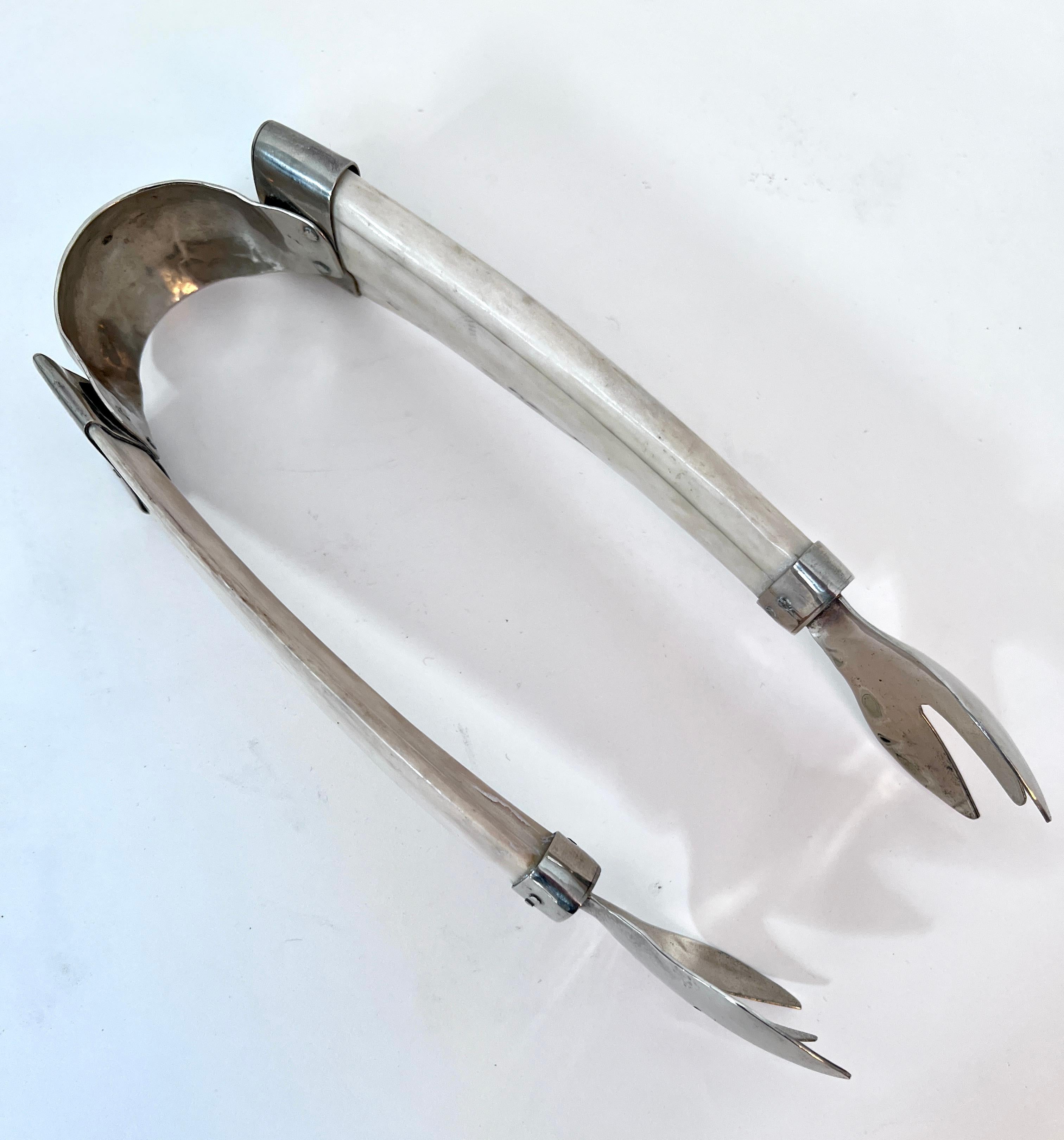 Hand-Crafted Bone and Silver Plate Cocktail Ice Tongs  For Sale