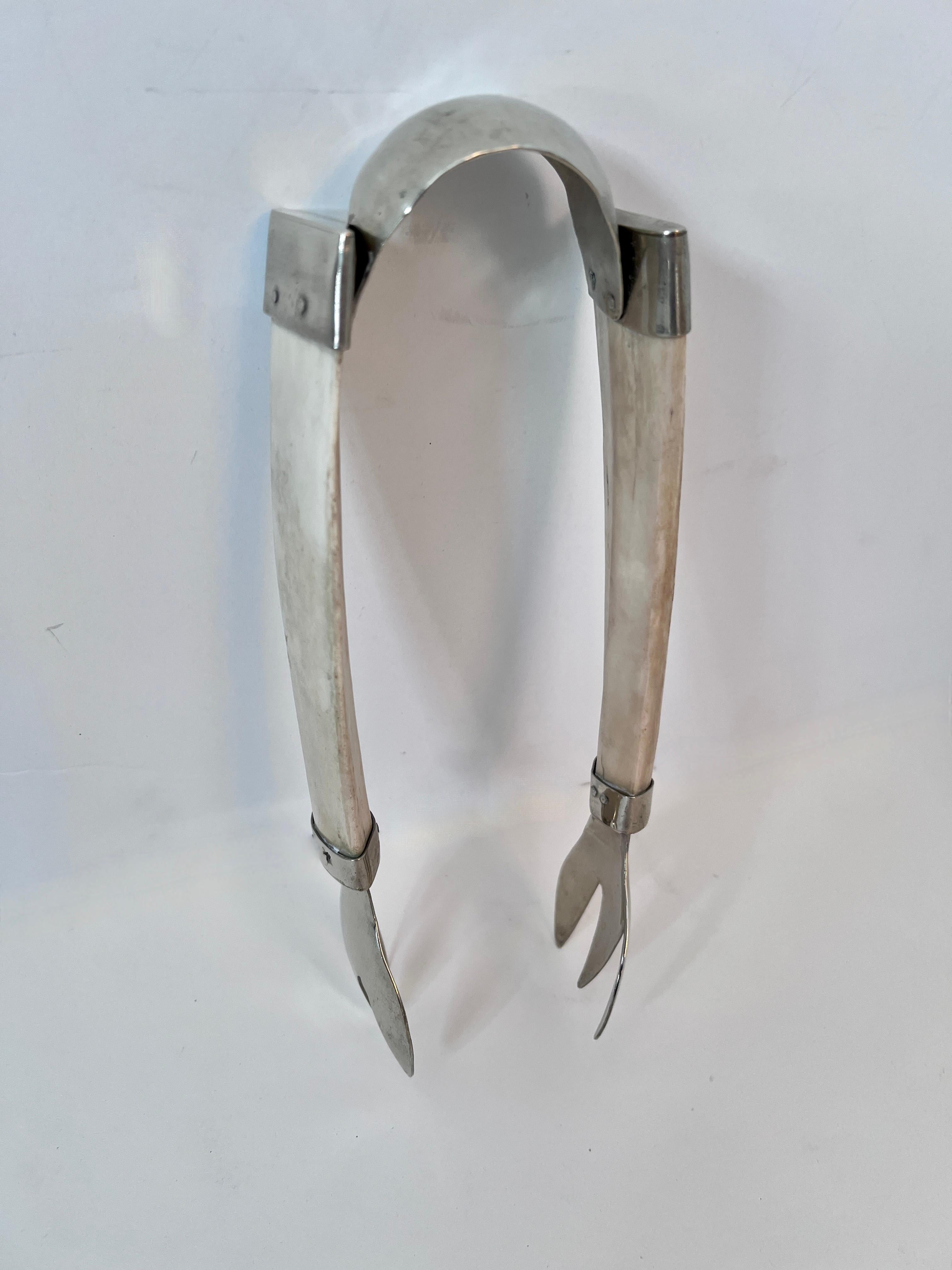 20th Century Bone and Silver Plate Cocktail Ice Tongs  For Sale