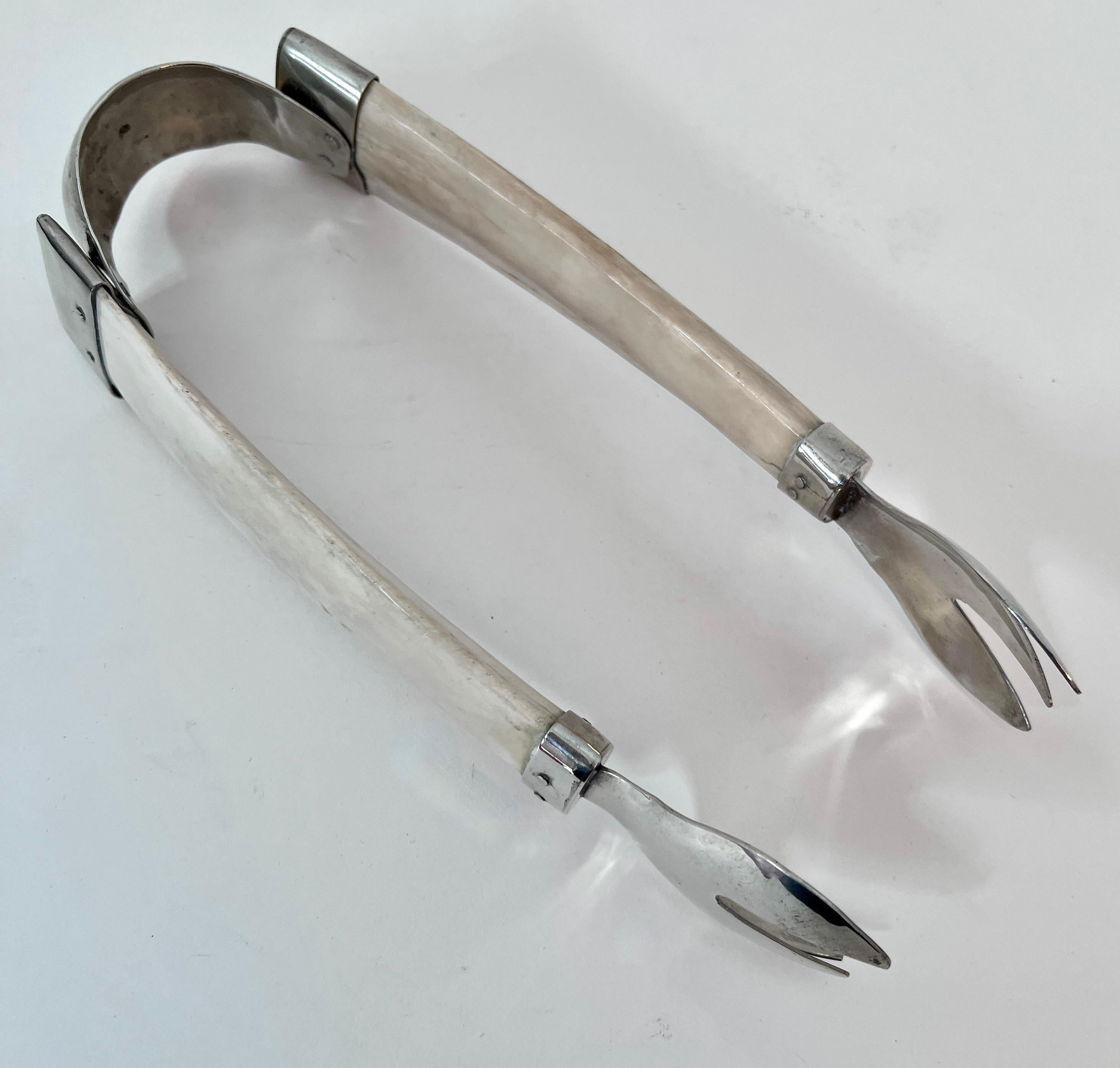 Bone and Silver Plate Cocktail Ice Tongs  For Sale 3