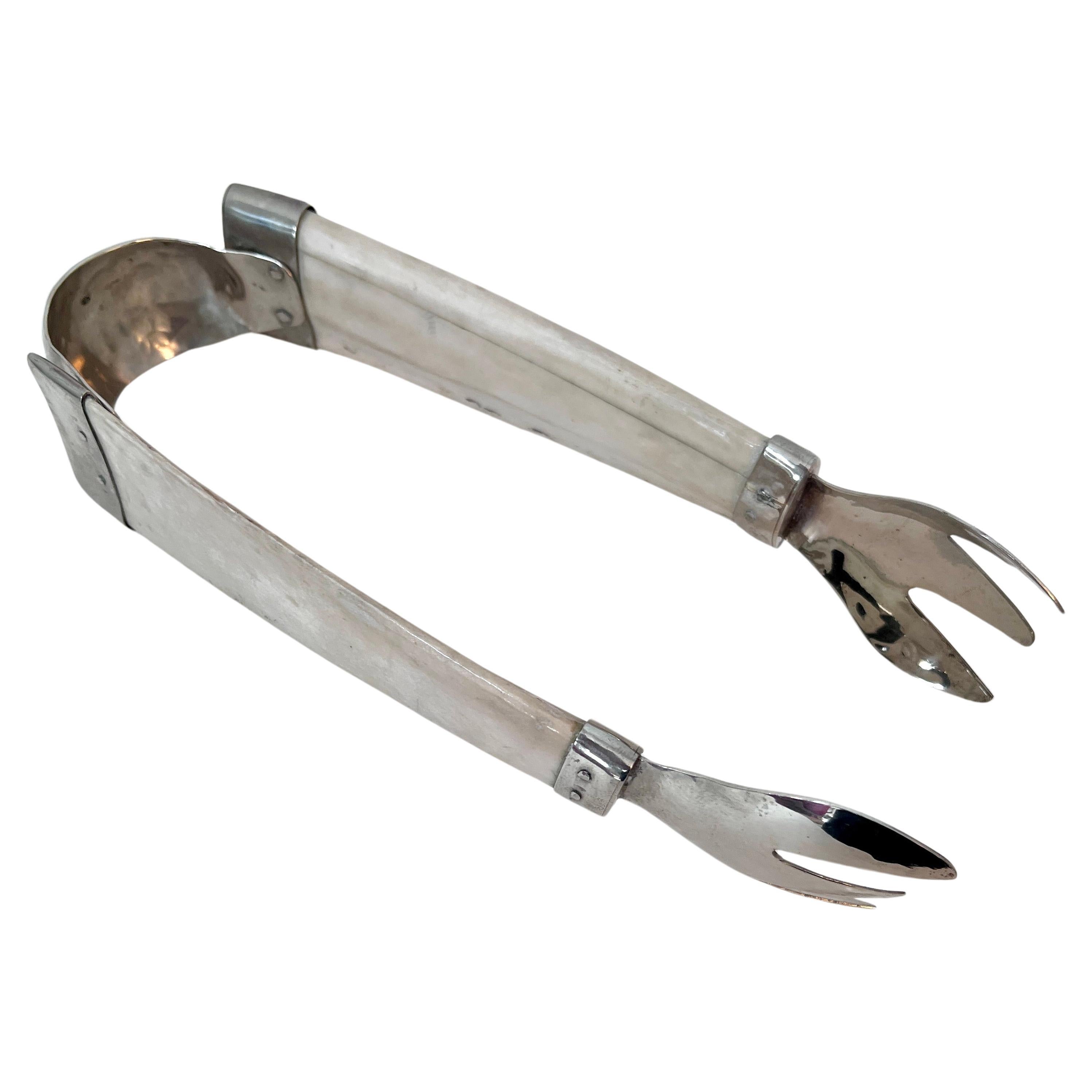 Bone and Silver Plate Cocktail Ice Tongs 