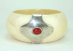 Bone Bangle Bracelet With Silver & Carnelian Accent, C.1970