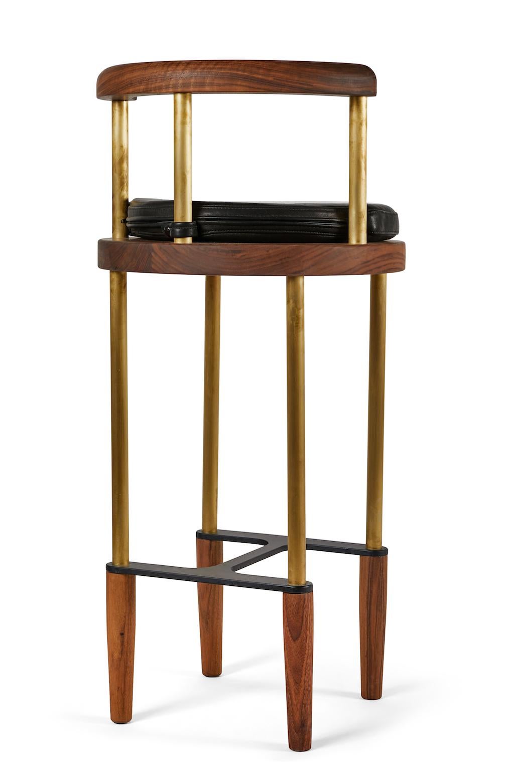 Bone Bar Stool in Oiled Walnut with Brass Legs by Casey McCafferty In New Condition For Sale In Fair Lawn, NJ