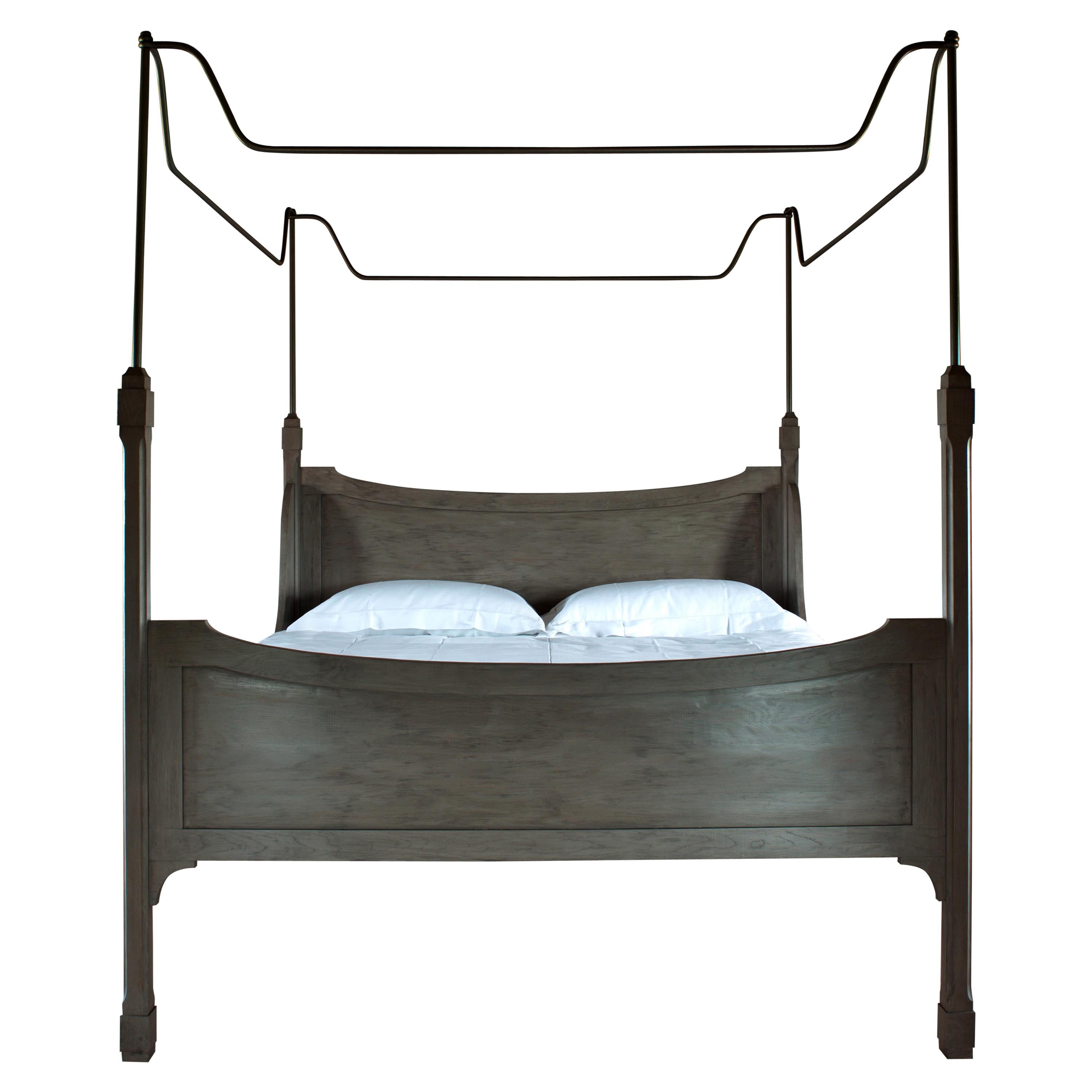 Bone Bed Grisaille Oak and Steel Superstructure New England Feel Canopy Bed For Sale