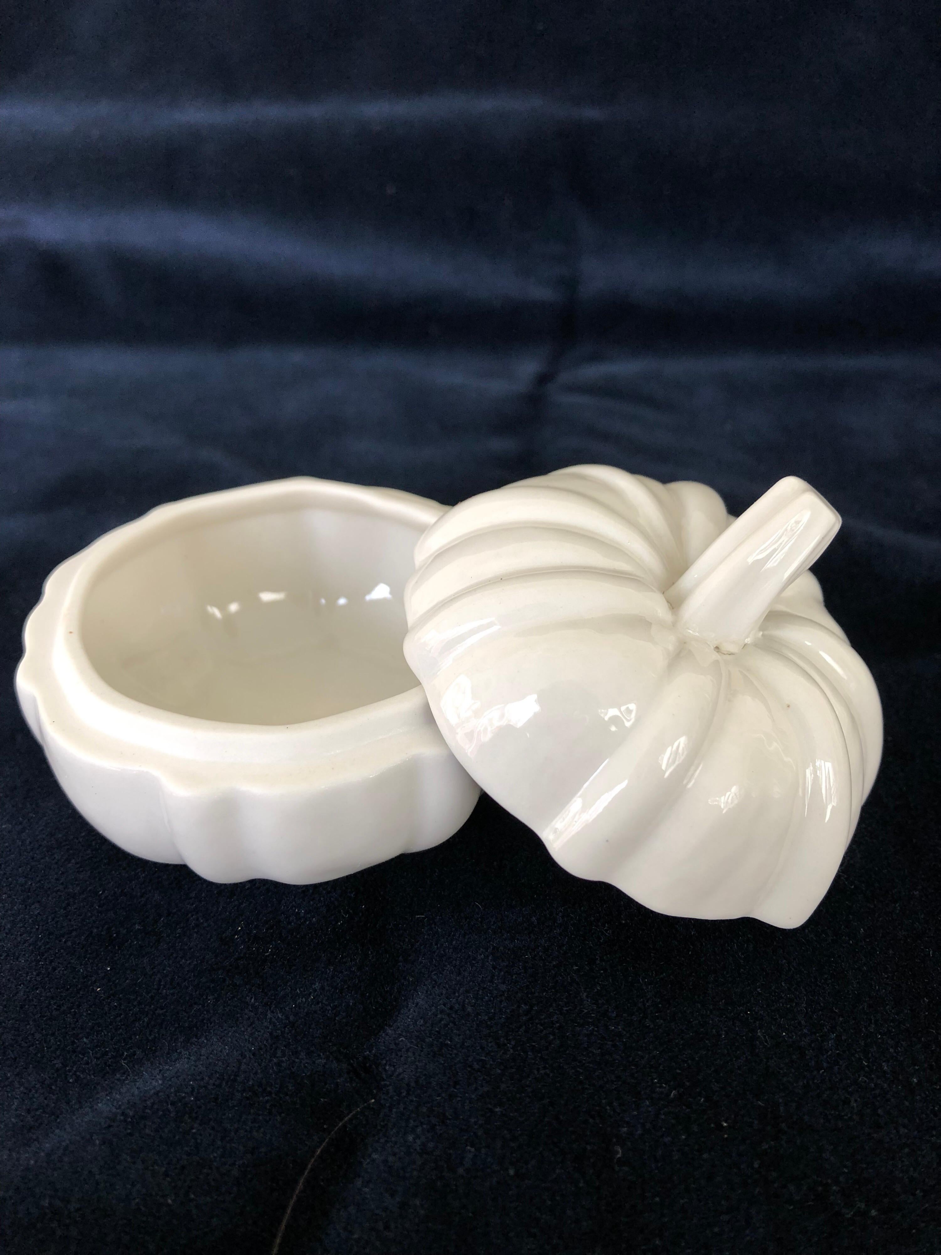Bone China pumpkin shaped lidded boudoir or dressing table pin box. Purchased 1960s from Tiffany & Co.