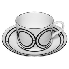 Bone China Tea Cup and Saucer with Monochrome Print, Made in Stoke-on-trent